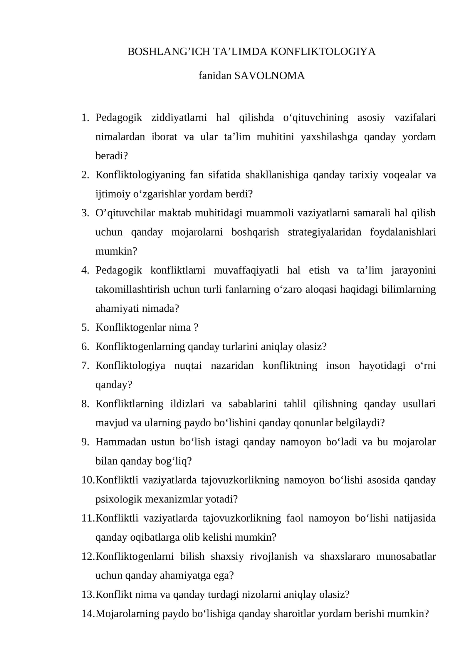 BOSHLANG’ICH TA’LIMDA KONFLIKTOLOGIYA fanidan SAVOLNOMA