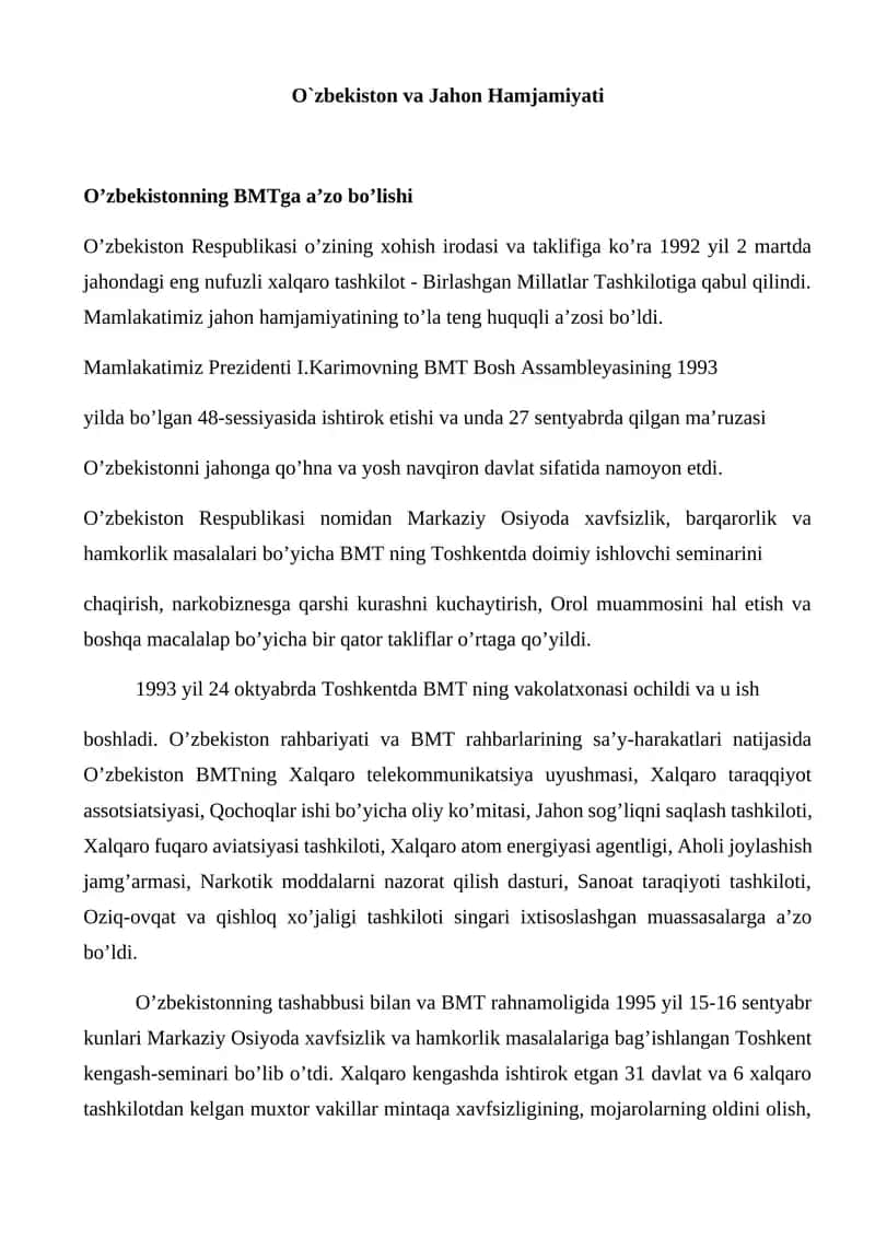 O’zbekiston va Jahon Hamjamiyati
