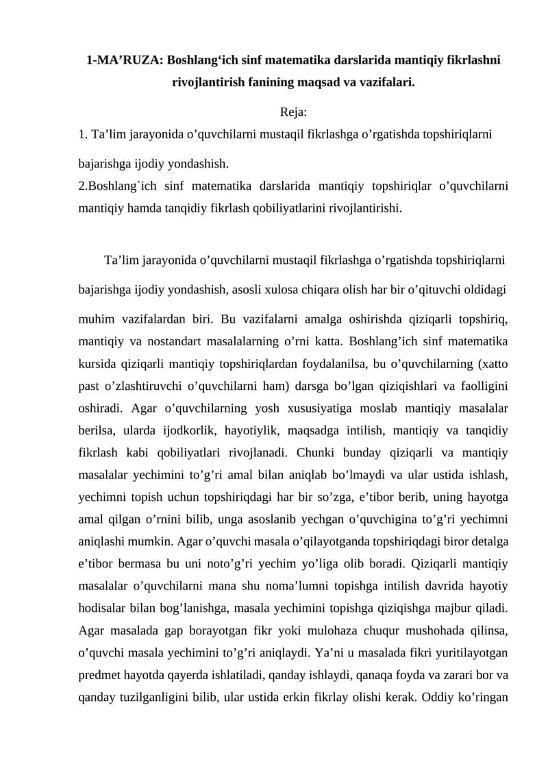 Boshlang‘ich sinf matematika darslarida mantiqiy fikrlashni rivojlantirish