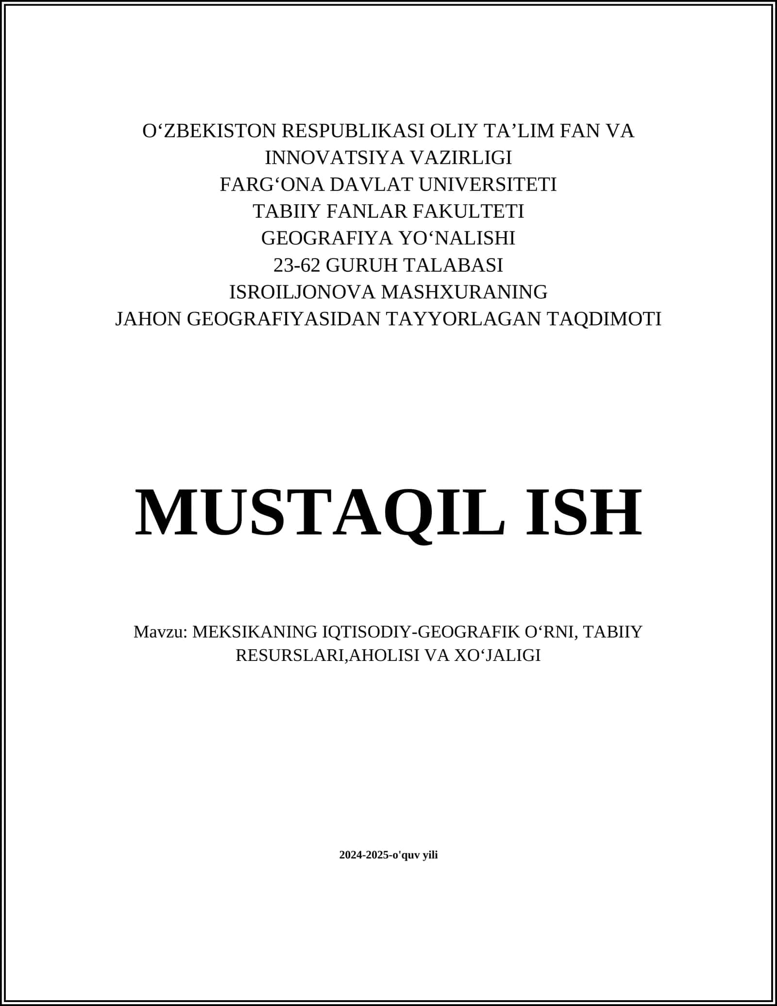 ISROILJONOVA MASHXURANING JAHON GEOGRAFIYASIDAN TAYYORLAGAN TAQDIMOTI