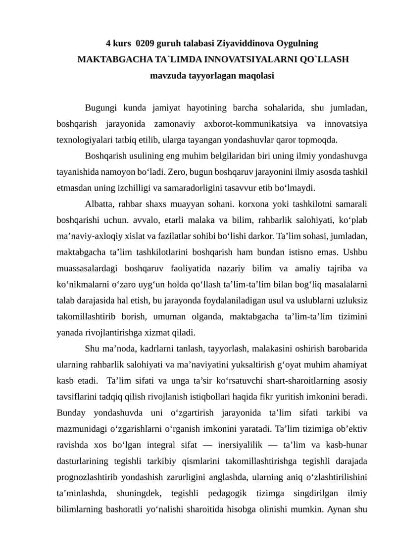 MAKTABGACHA TA`LIMDA INNOVATSIYALARNI QO`LLASH