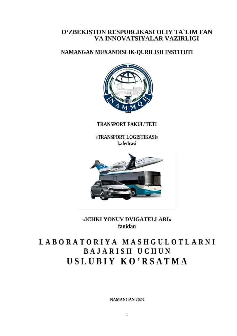 Ichki yonuv dvigatellari fanidan tuzilgan laboratoriya mashg'ulotlari to'plami