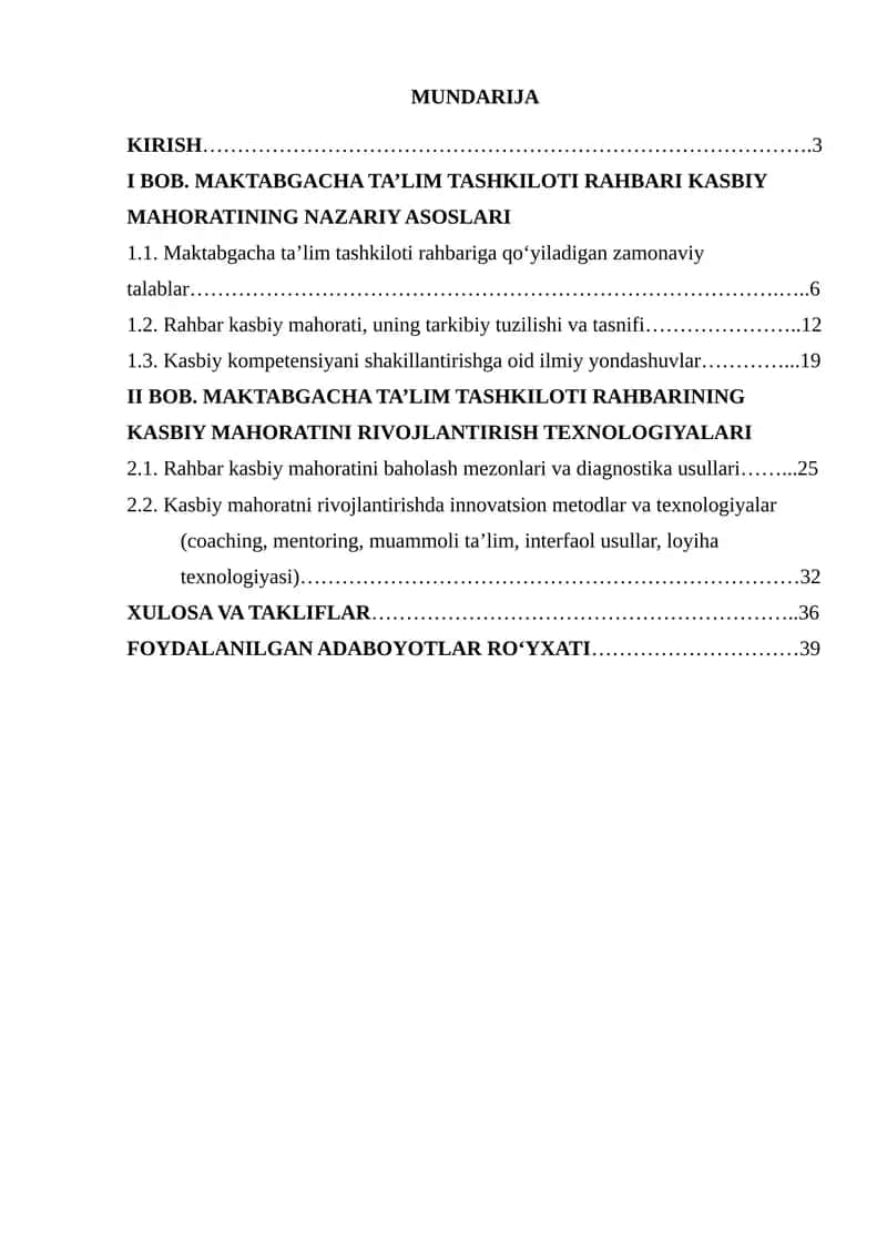 Maktabgacha ta'lim tashkiloti rahbarining kasbiy mahoratini shakllantirish va rivojlantirish