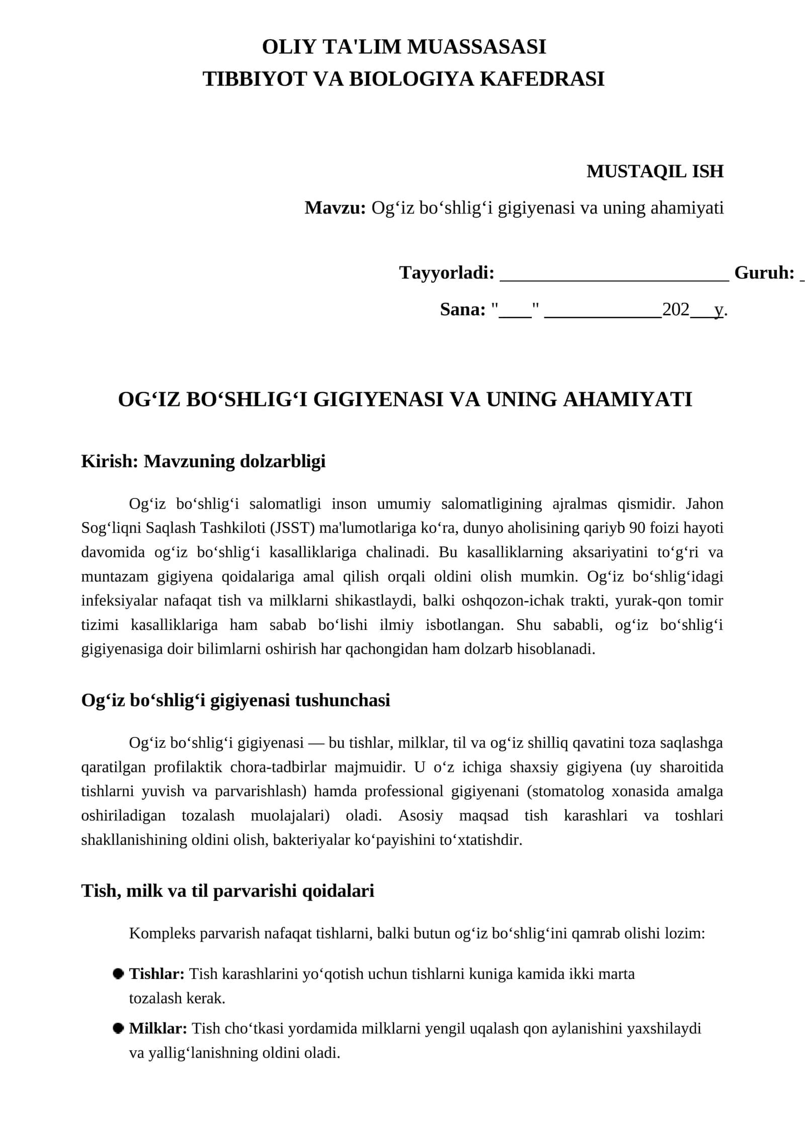 Og‘iz bo‘shlig‘i gigiyenasi va uning ahamiyati