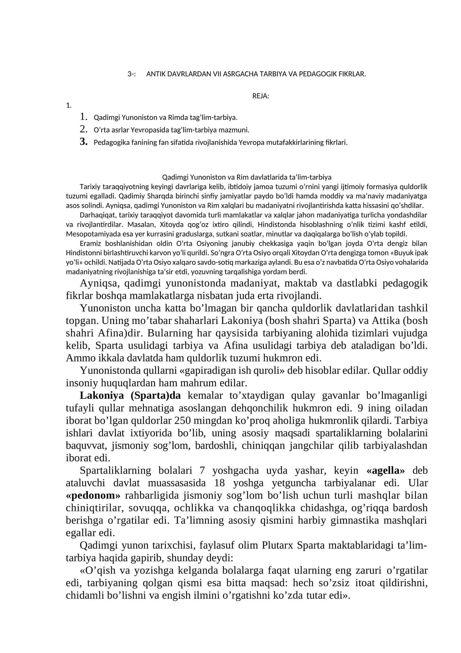 ANTIK DAVRLARDAN VII ASRGACHA TARBIYA VA PEDAGOGIK FIKRLAR