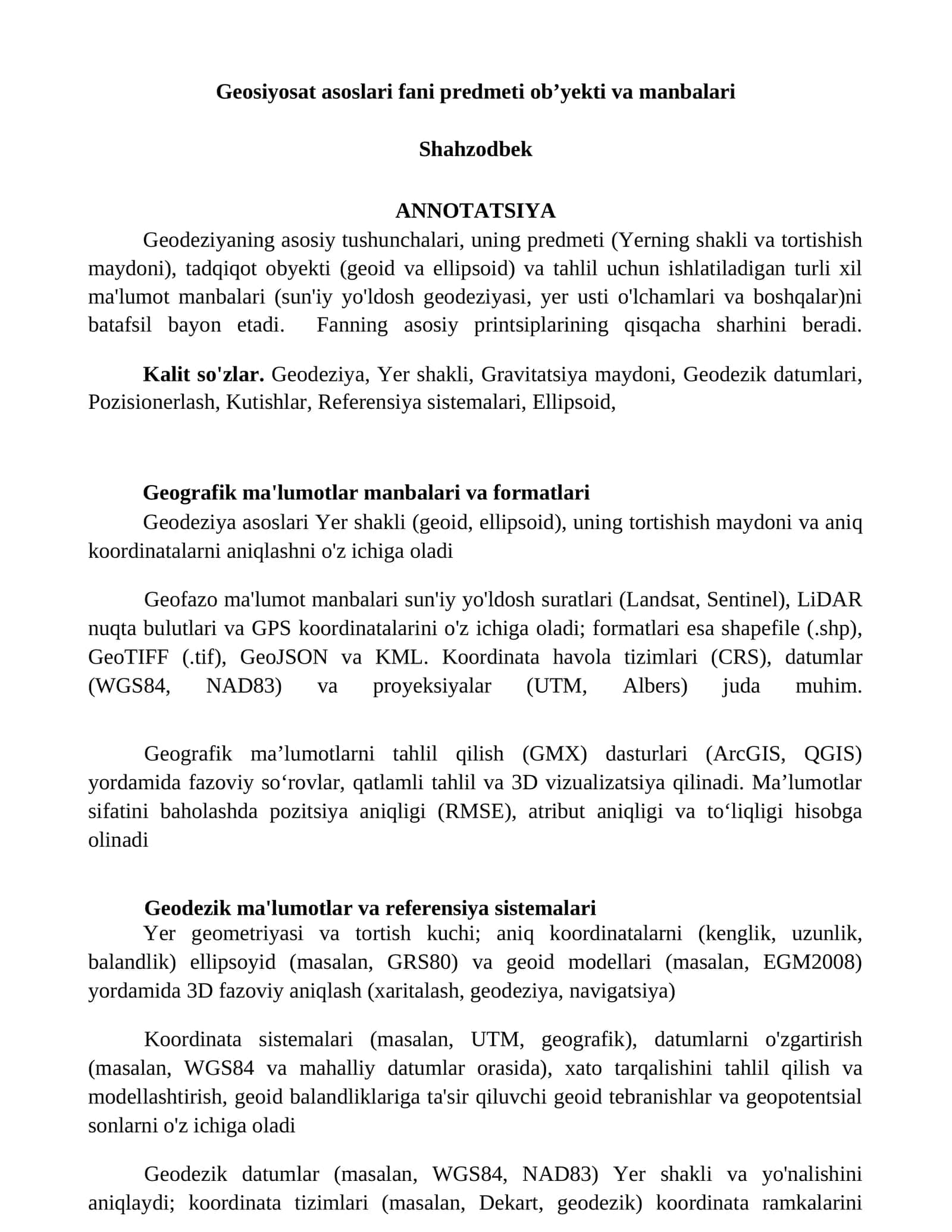 Geosiyosat asoslari fani predmeti obʼyekti va manbalari
