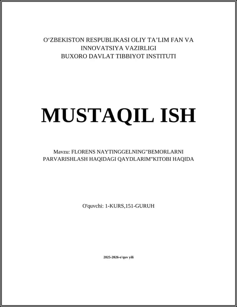 FLORENS NAYTINGGELNING "BEMORLARNI PARVARISHLASH HAQIDAGI QAYDLARIM" KITOBI