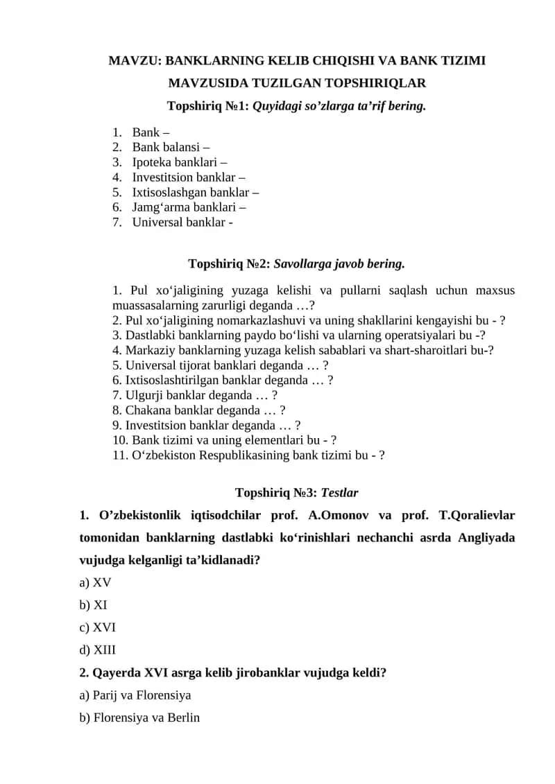 BANKLARNING KELIB CHIQISHI VA BANK TIZIMI MAVZUSIDA TUZILGAN TOPSHIRIQLAR