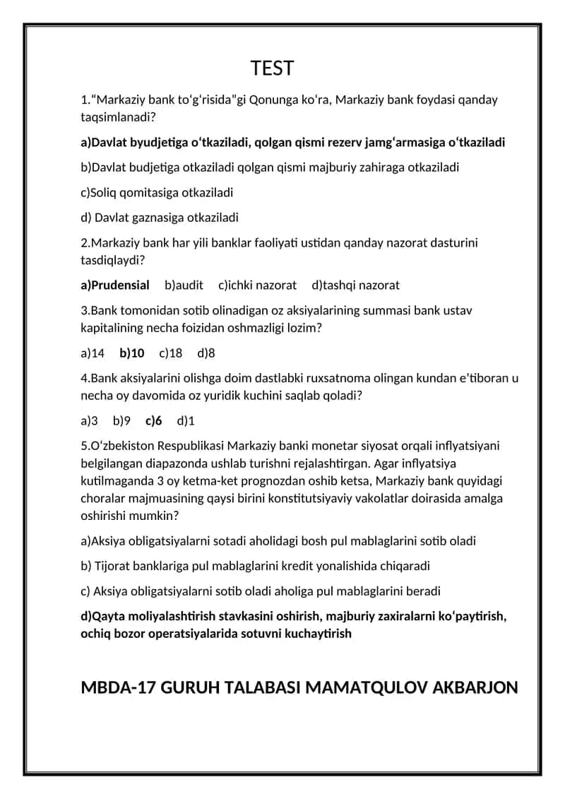 bank ishi testlar