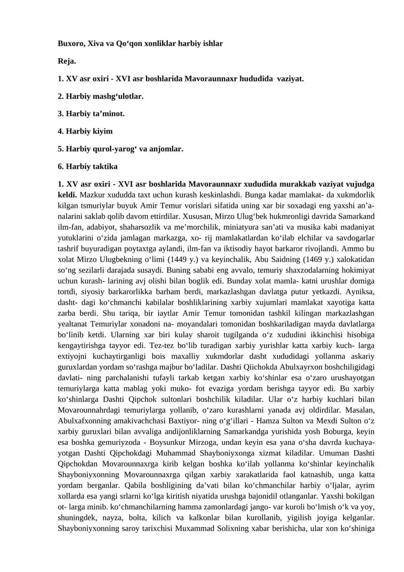 Buxoro, Xiva va Qo‘qon xonliklar harbiy ishlar