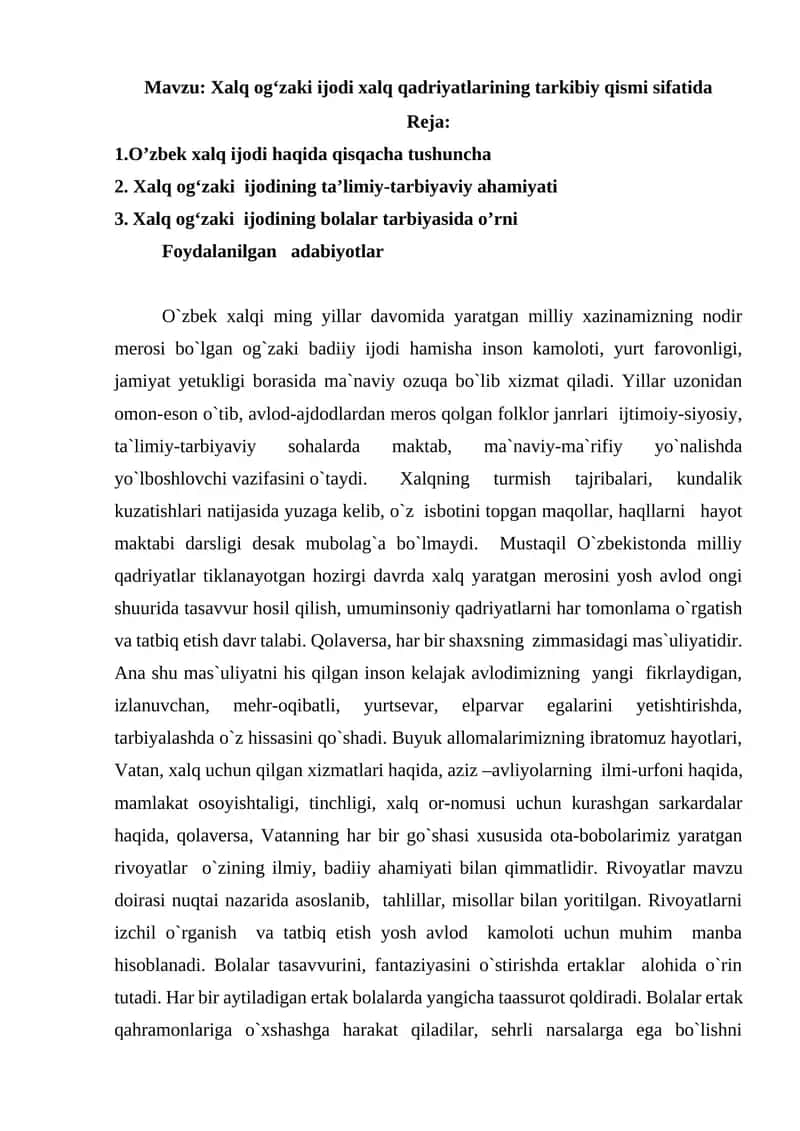 Xalq og‘zaki ijodi xalq qadriyatlarining tarkibiy qismi sifatida