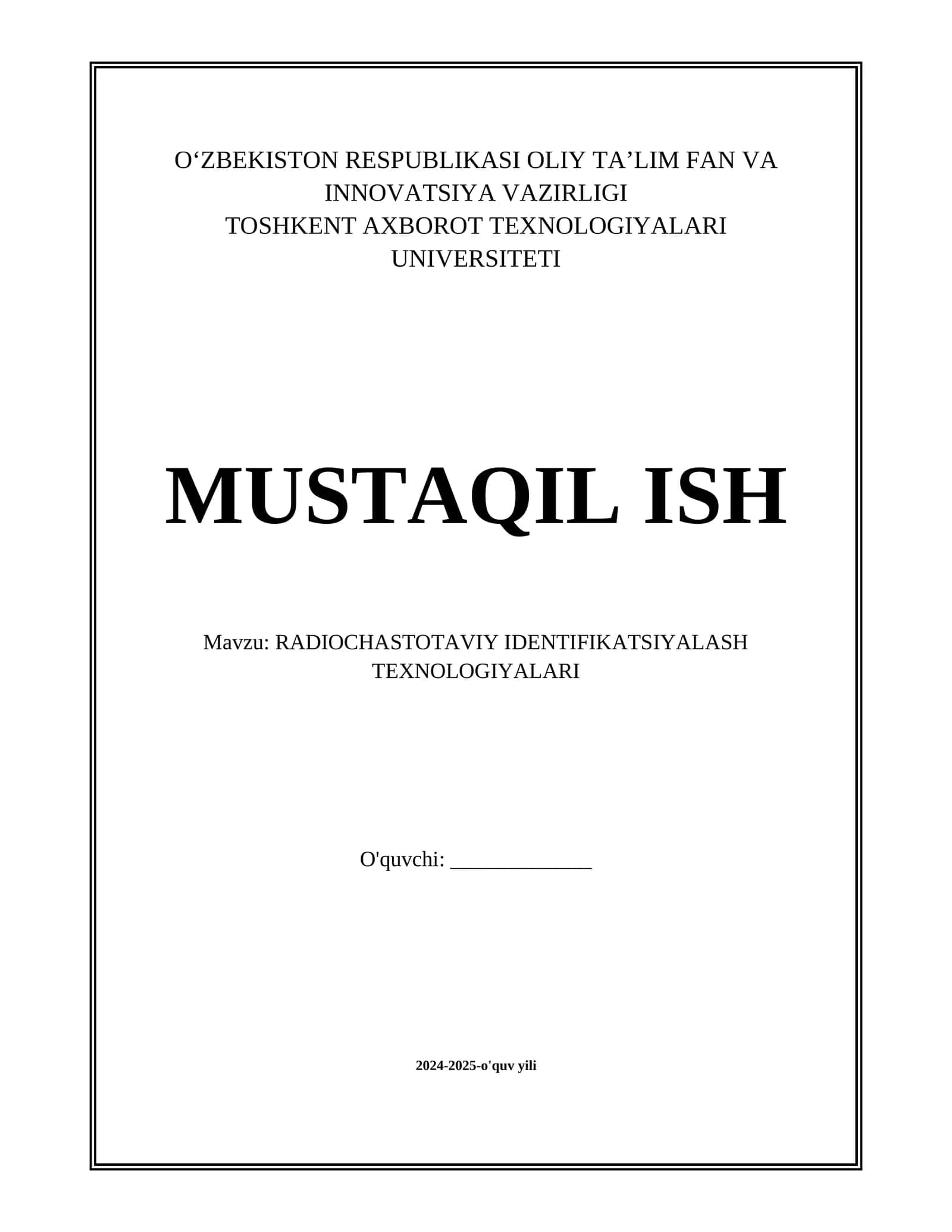 RADIOCHASTOTAVIY IDENTIFIKATSIYALASH TEXNOLOGIYALARI