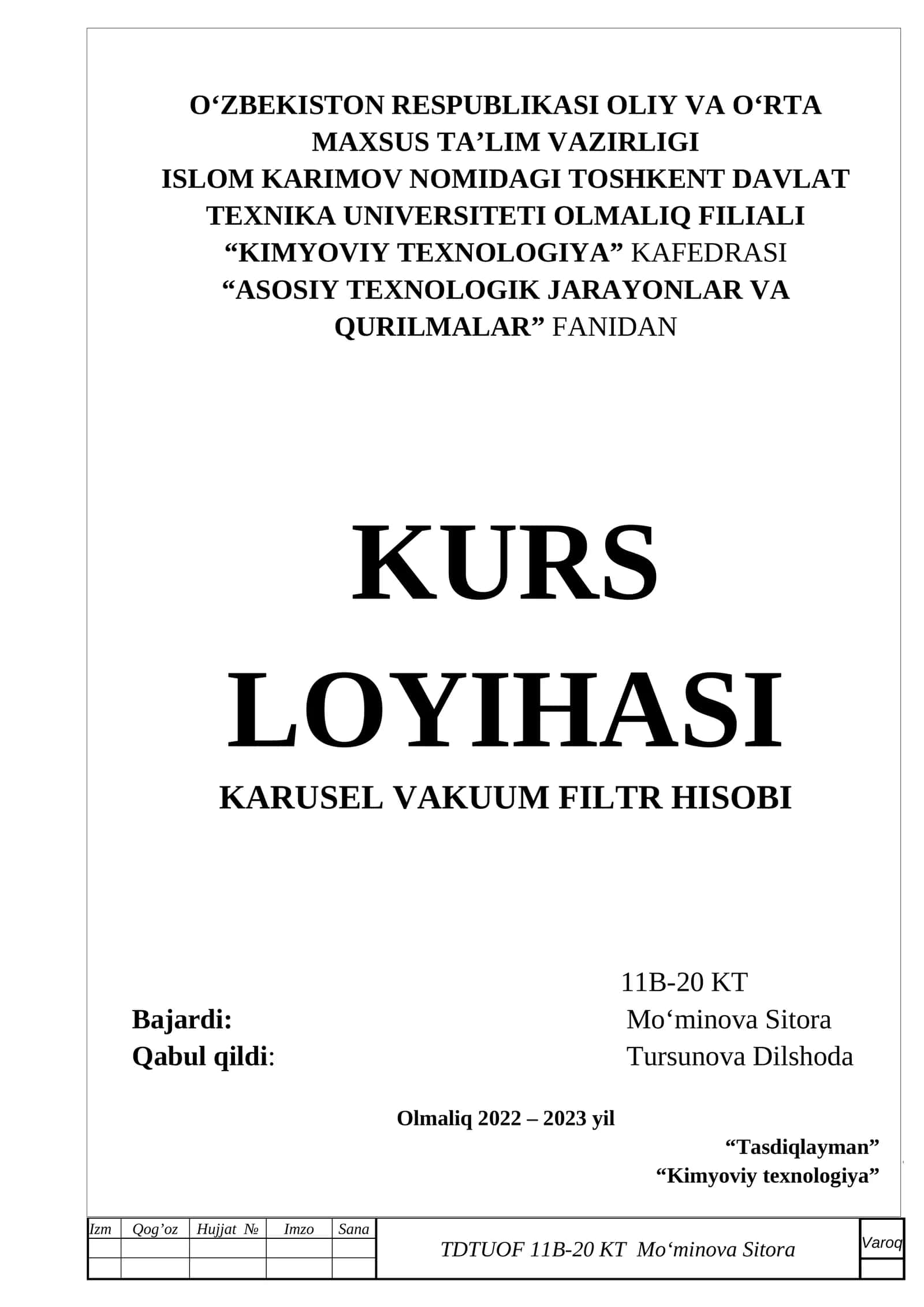 KARUSEL VAKUUM FILTR HISOBI