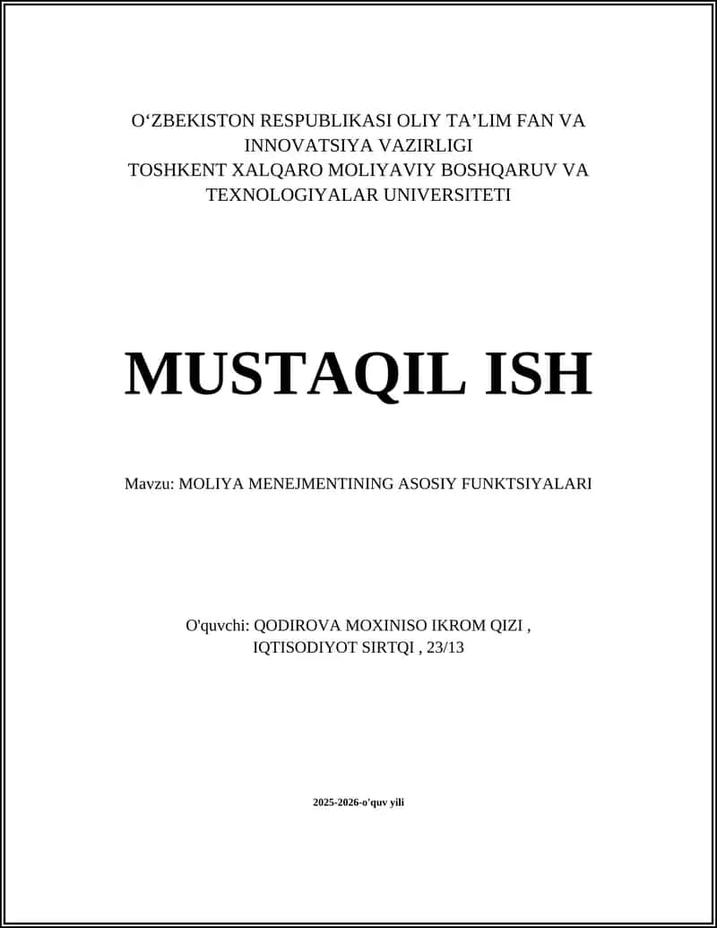 MOLIYA MENEJMENTINING ASOSIY FUNKTSIYALARI