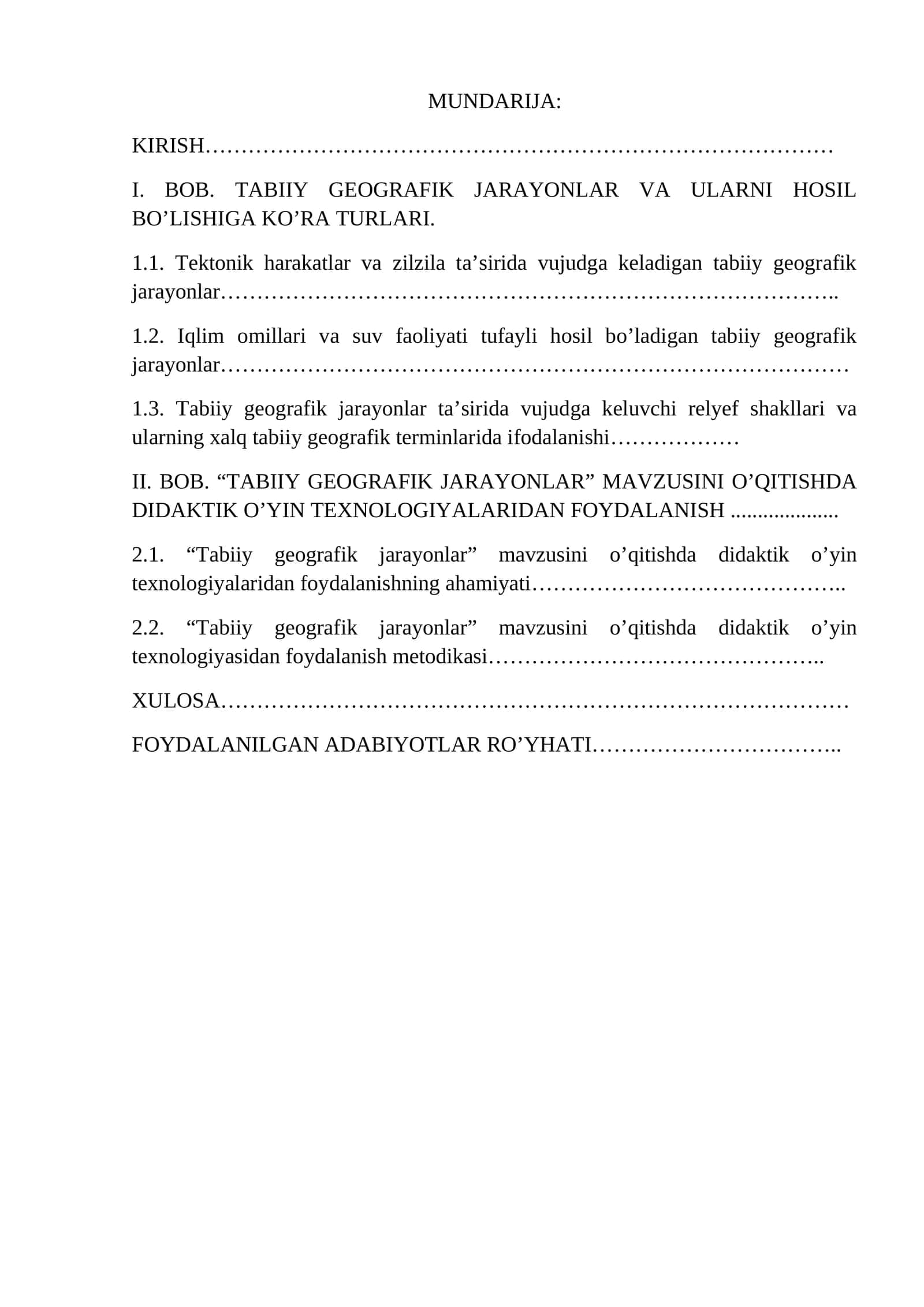 Tabiiy geografik jarayonlar kurs ishi