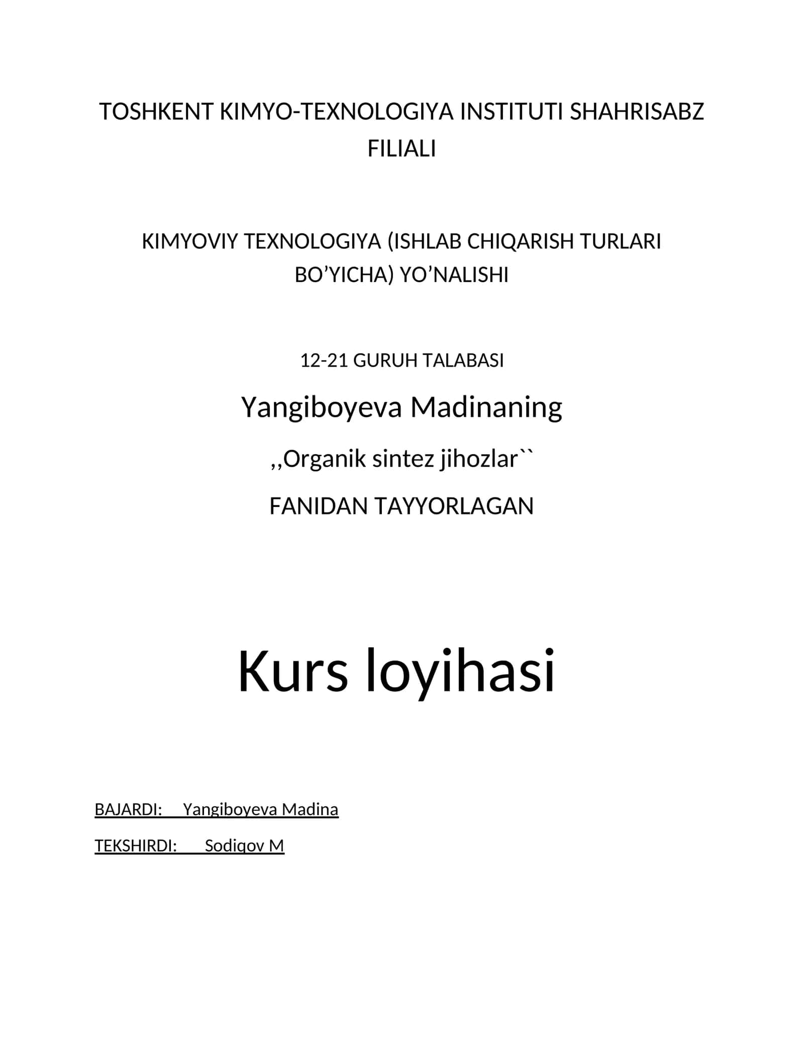 TOSHKENT KIMYO-TEXNOLOGIYA INSTITUTI SHAHRISABZ FILIALI