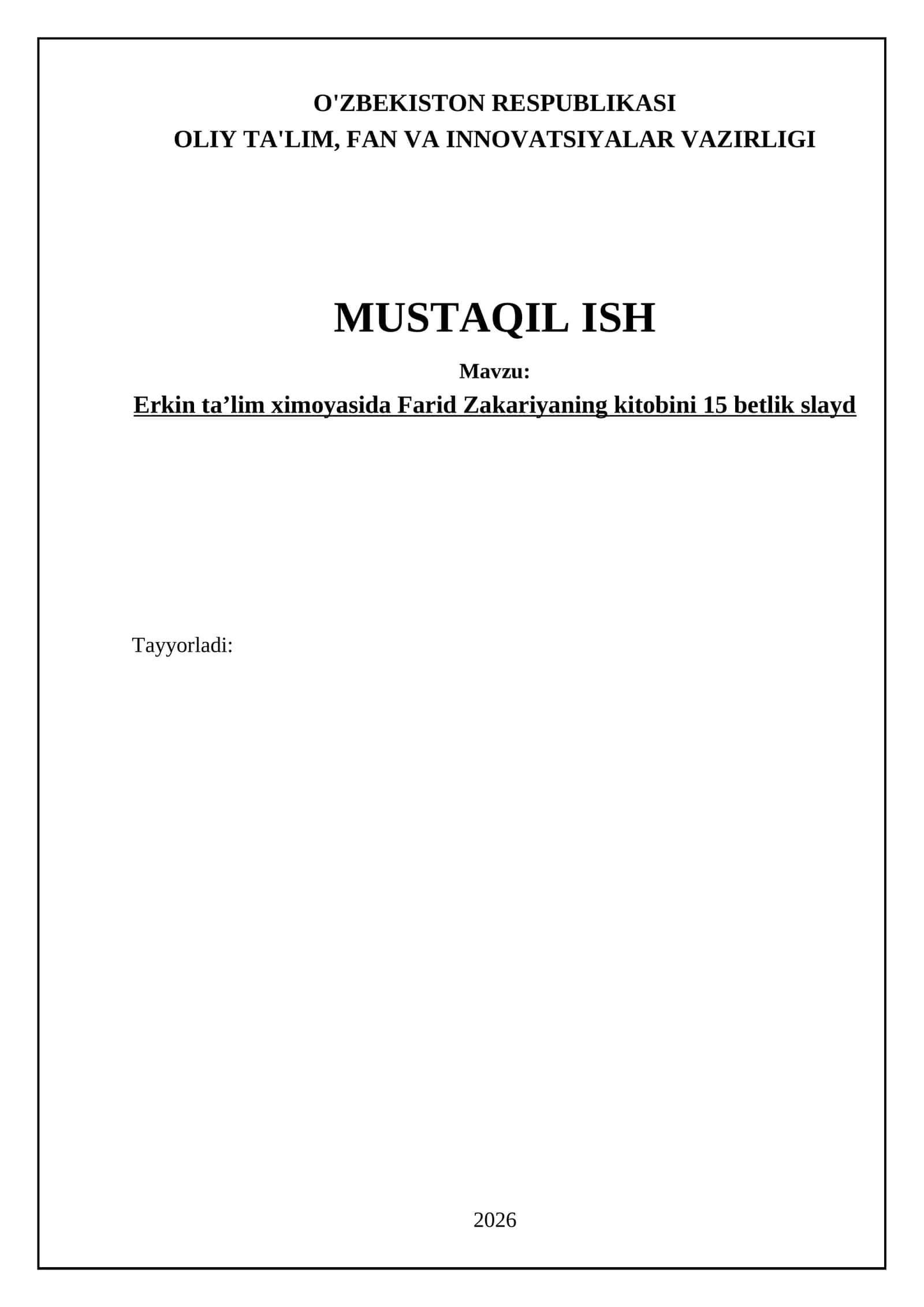 Erkin taʼlim ximoyasida Farid Zakariyaning kitobini 15 betlik slayd