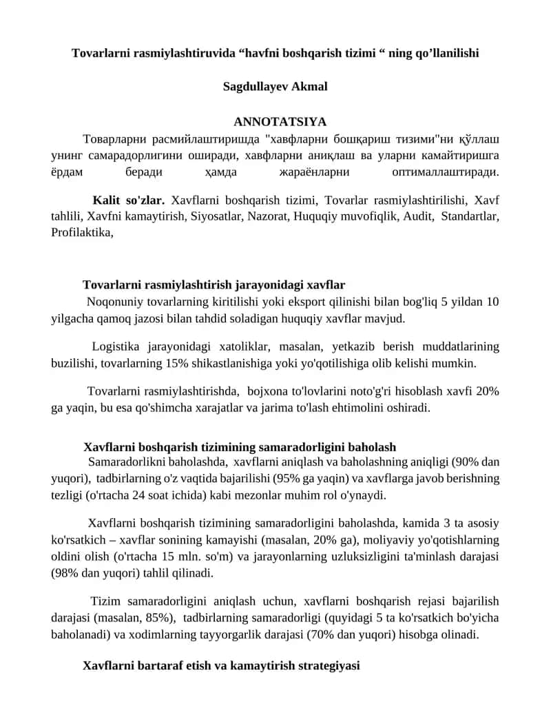 Tovarlarni rasmiylashtiruvida “havfni boshqarish tizimi “ ning qo’llanilishi
