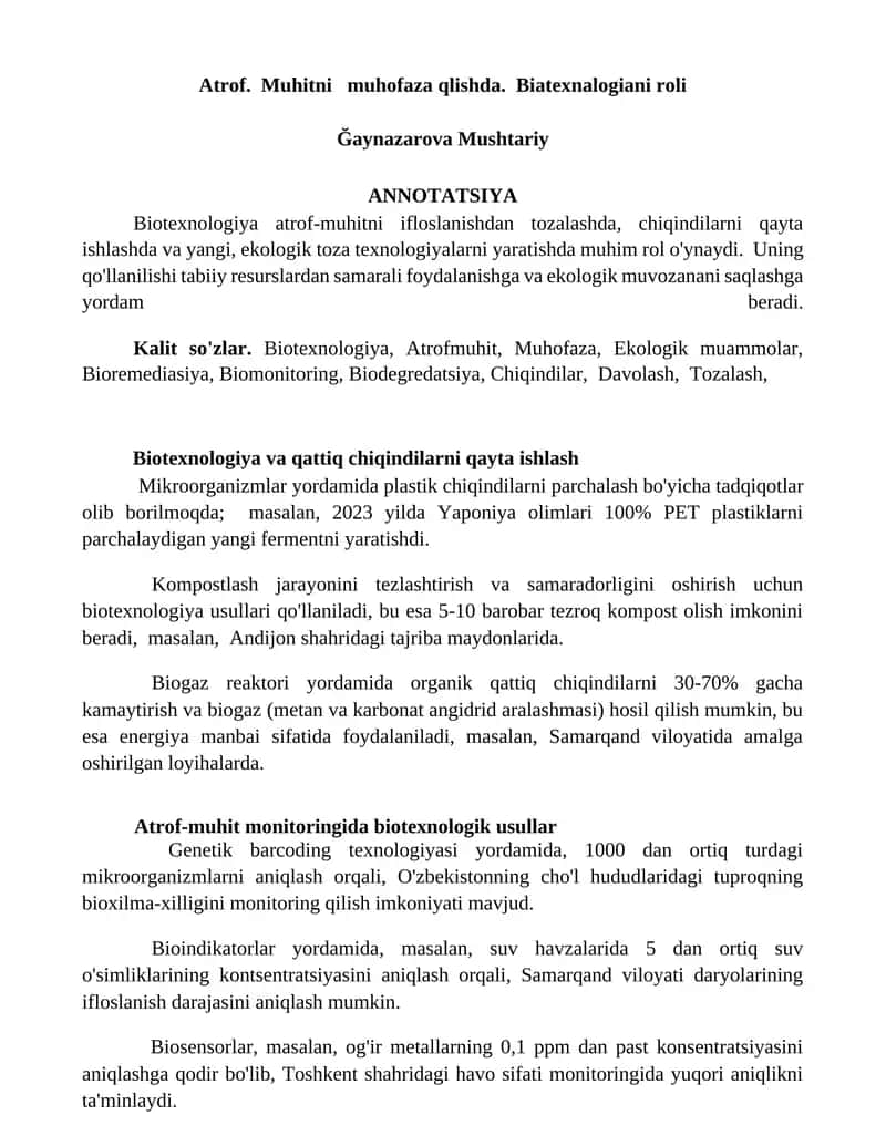 Biotexnologiya va qattiq chiqindilarni qayta ishlash