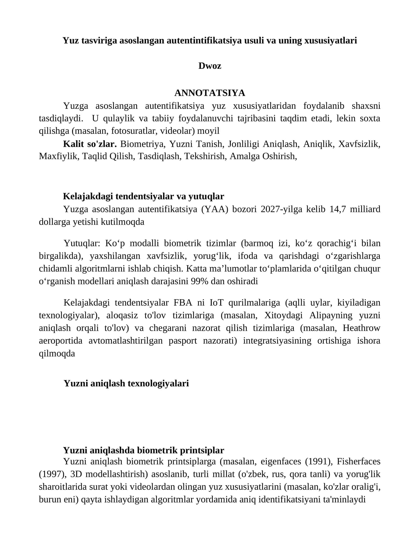Yuzga asoslangan autentifikatsiya usuli va uning xususiyatlari
