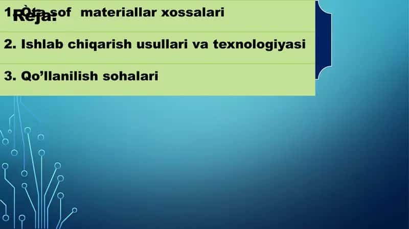 Òta sof materiallar xossalari, olish metodikasi va texnologiyasi, qòllanilish soxasi