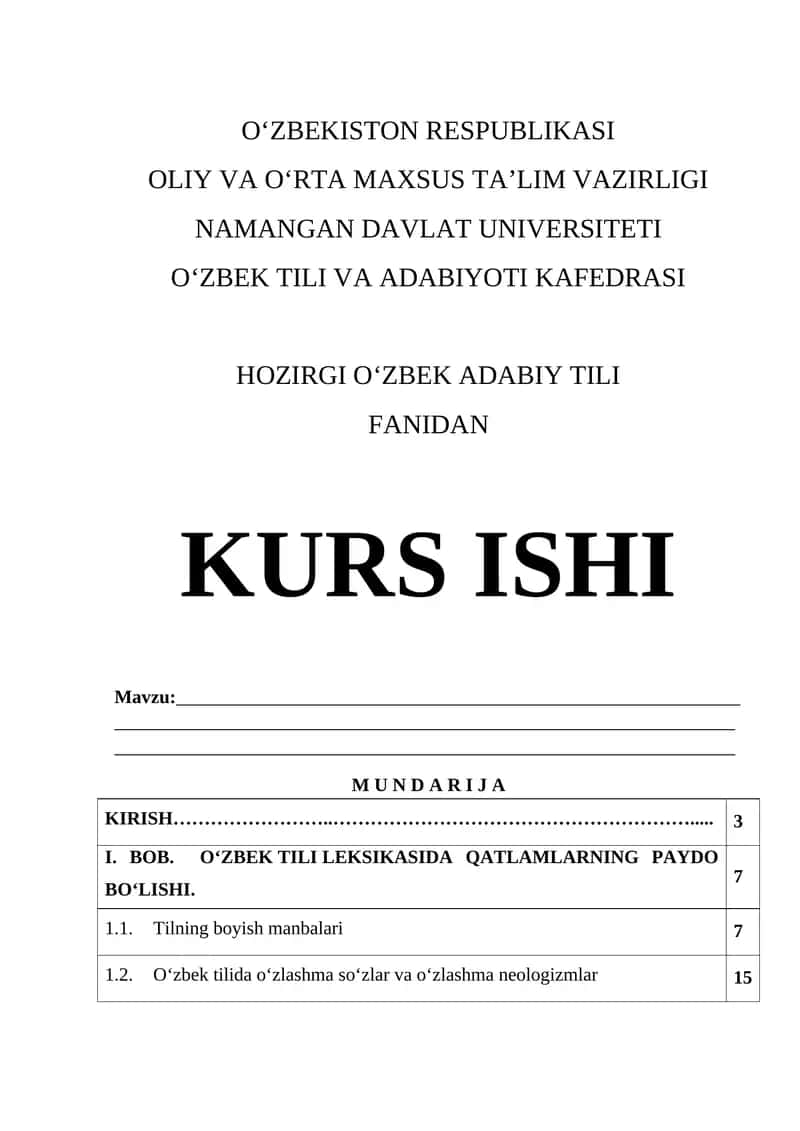 O‘zbek Tili Fanidan Kurs Ishi