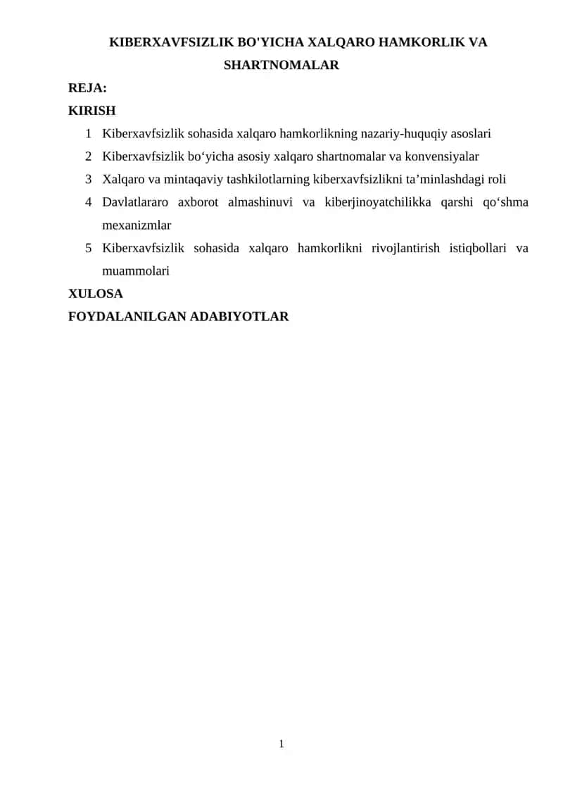 KIBERXAVFSIZLIK BO'YICHA XALQARO HAMKORLIK VA SHARTNOMALAR