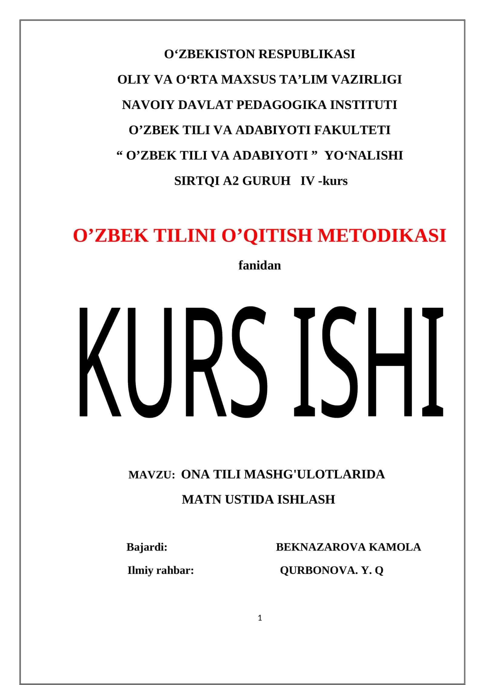 O'zbek tilini o'qitish metodikasi