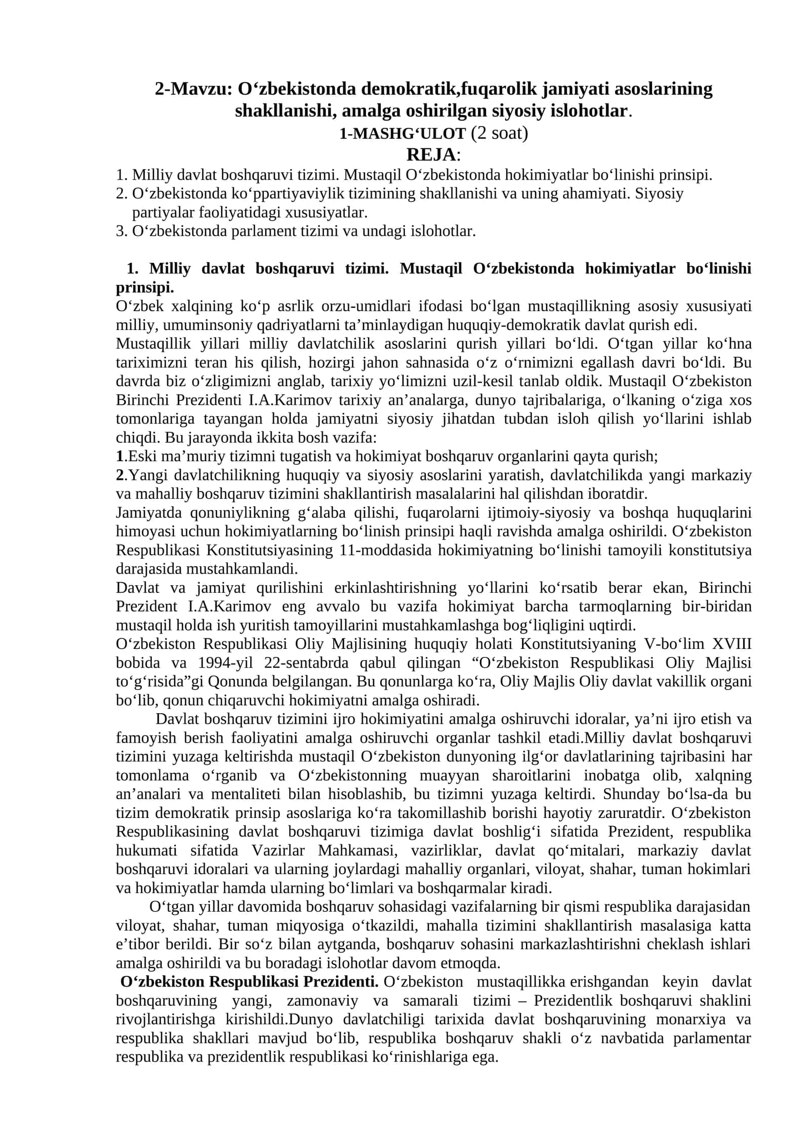 O‘zbekistonda demokratik,fuqarolik jamiyati asoslarining shakllanishi, amalga oshirilgan siyosiy islohotlar
