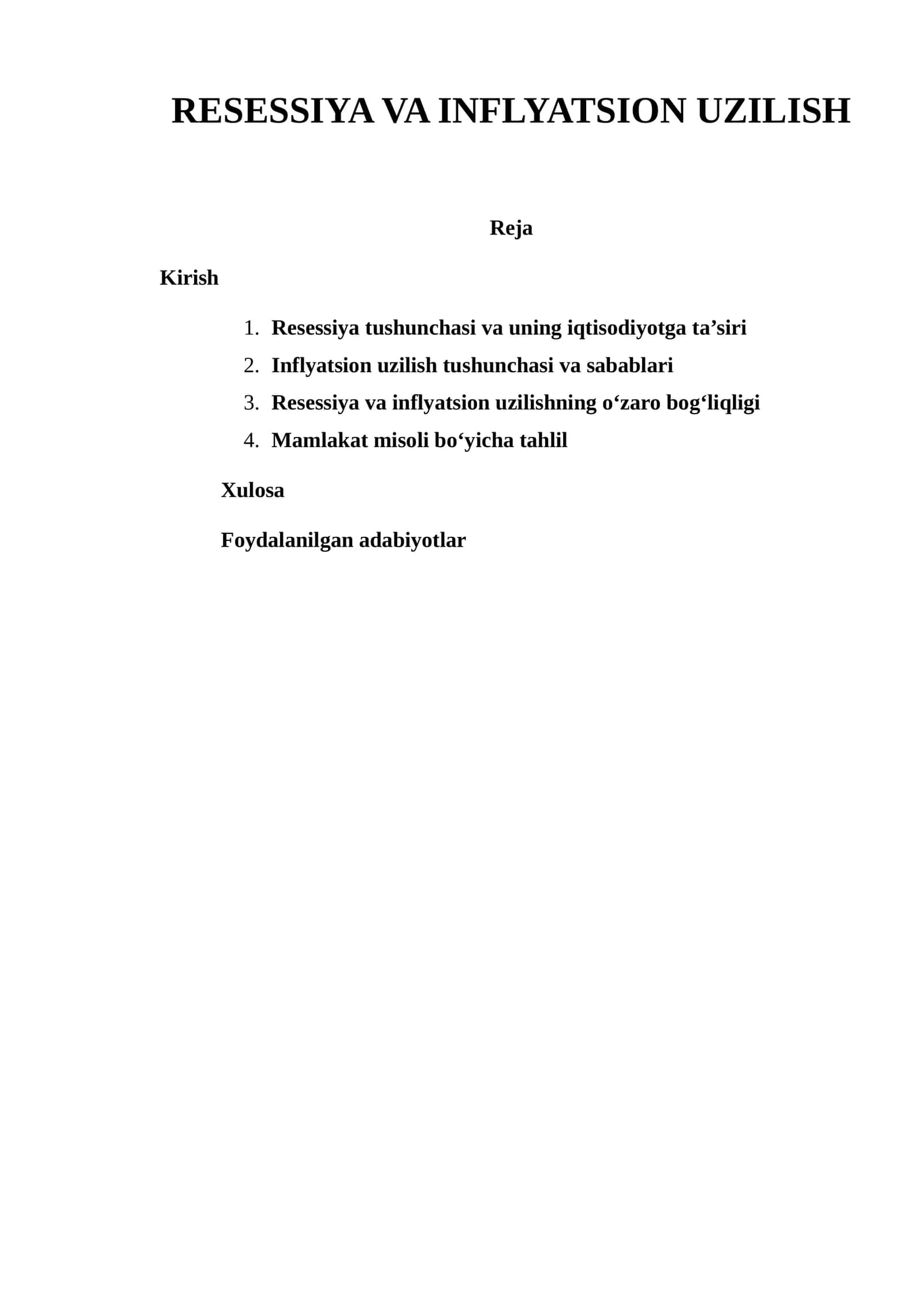 Resessiya va inflatsion uzilish