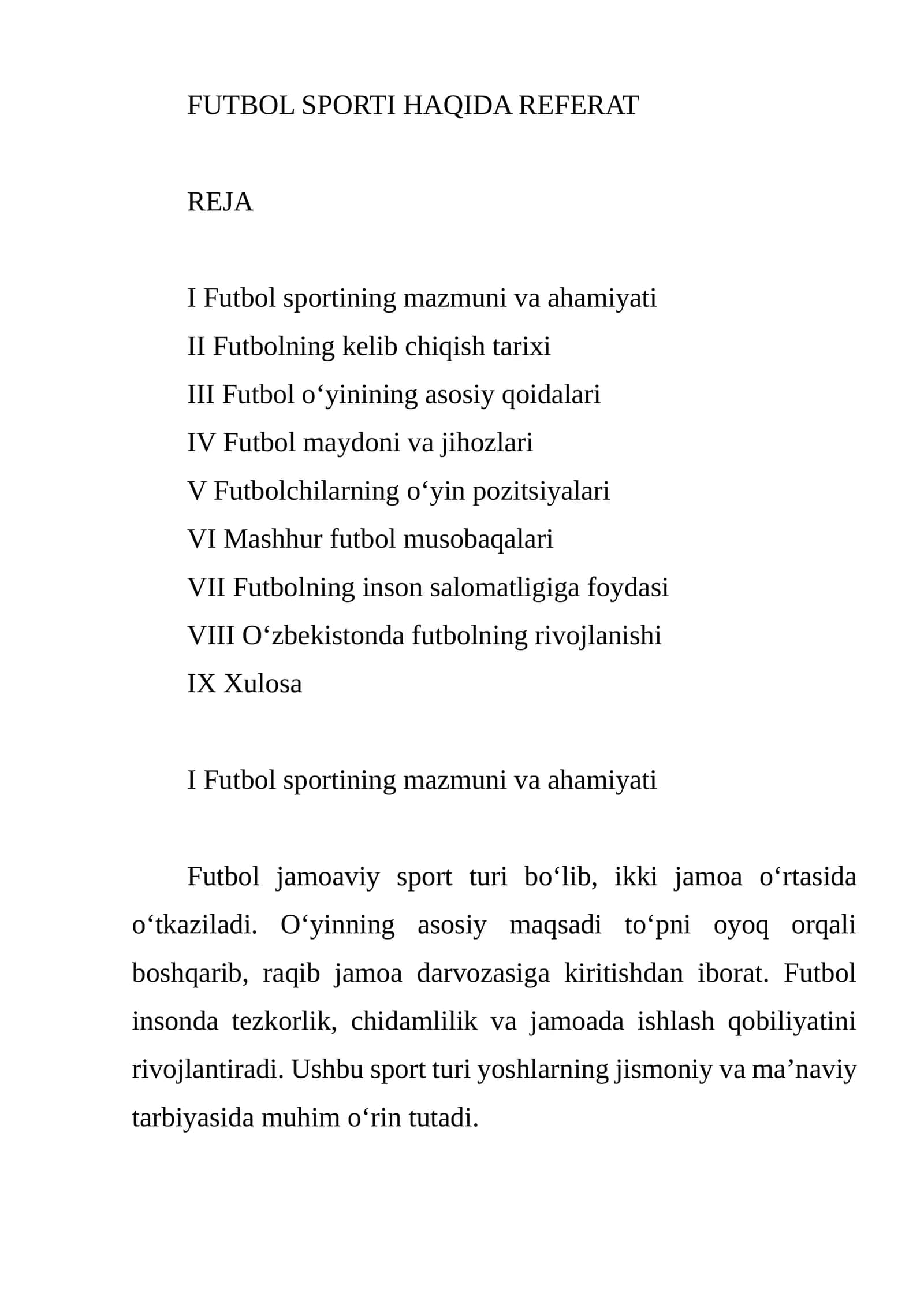 FUTBOL SPORTI HAQIDA REFERAT