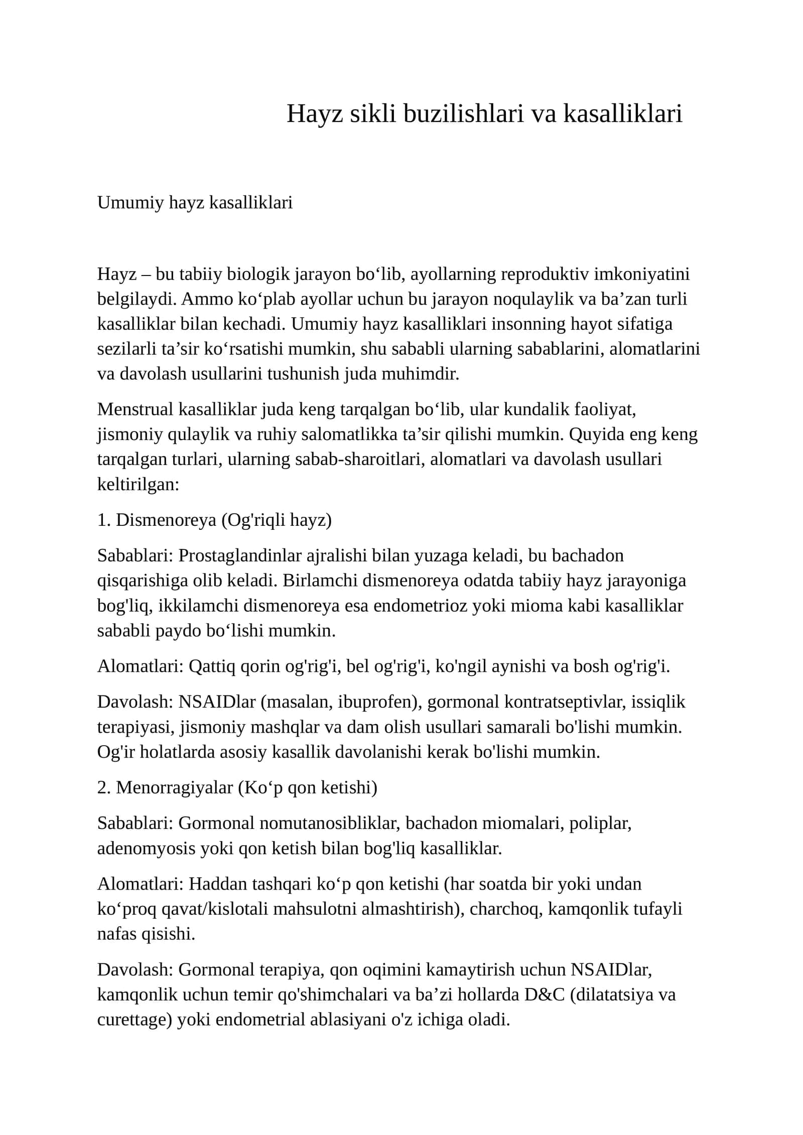 Umumiy hayz kasalliklari