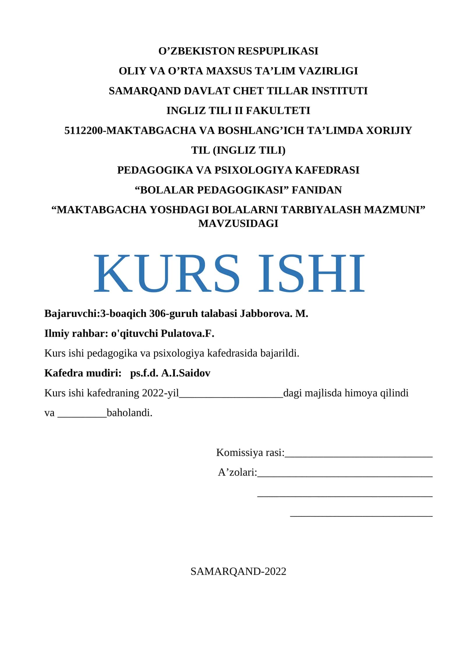 MAKTABGACHA YOSHDAGI BOLALARNI TARBIYALASH MAZMUNI