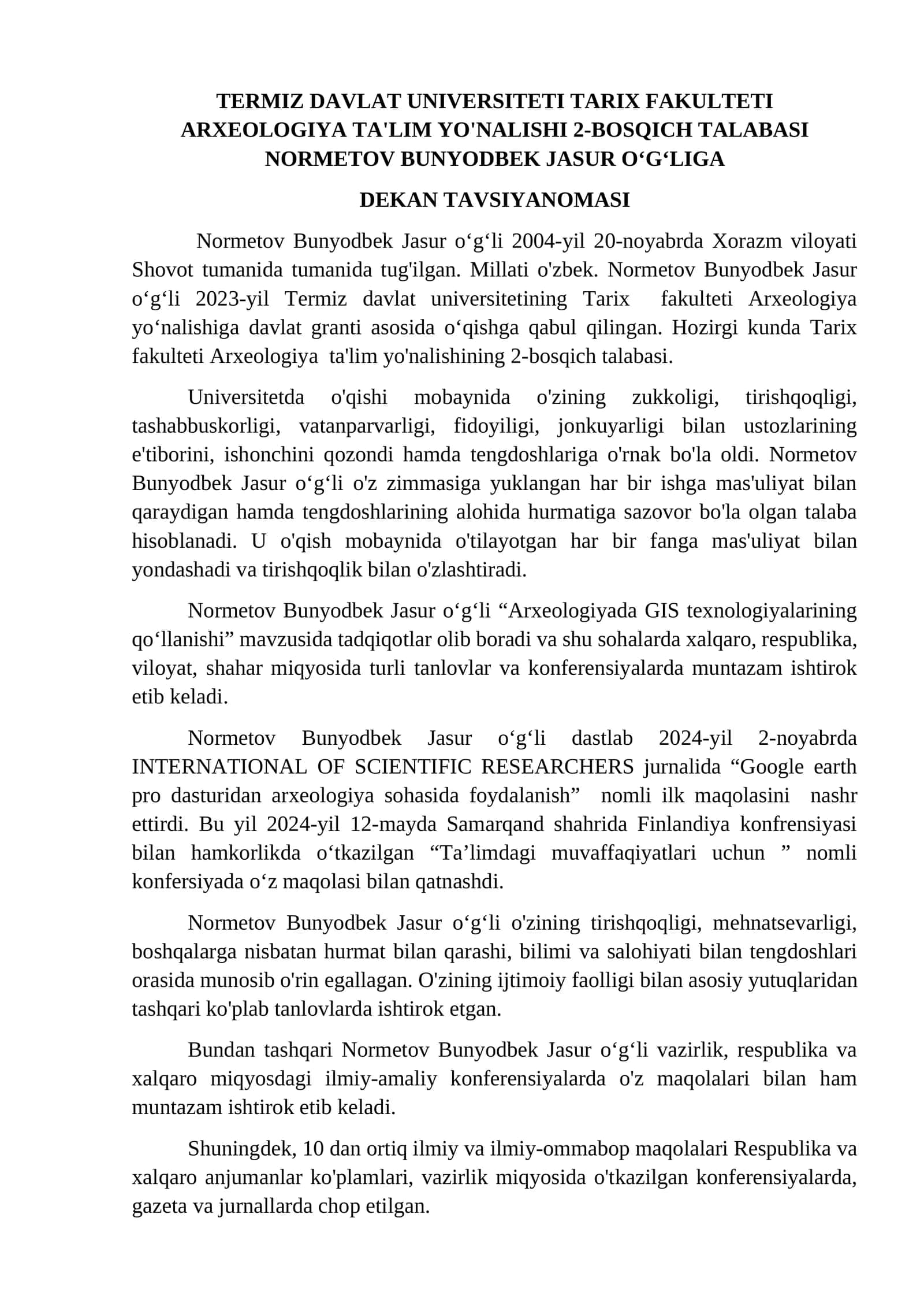 Normetov Bunyodbek Jasur