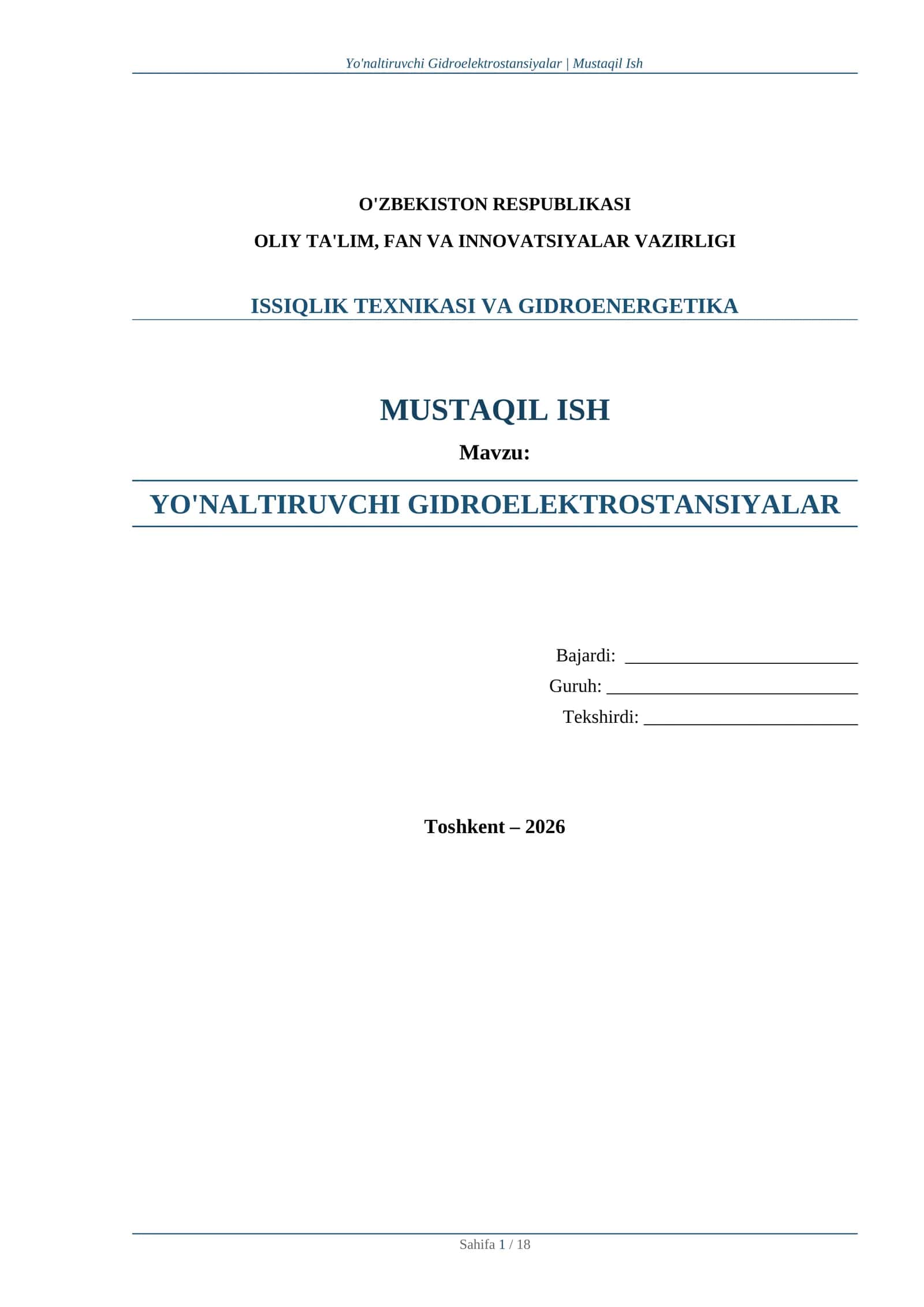 Issiqlik texnikasi va Gidroenergetika fanidan "Yo'naltiruvchi Gidroelektrostansiyalar' mavzusida mustaqil ish