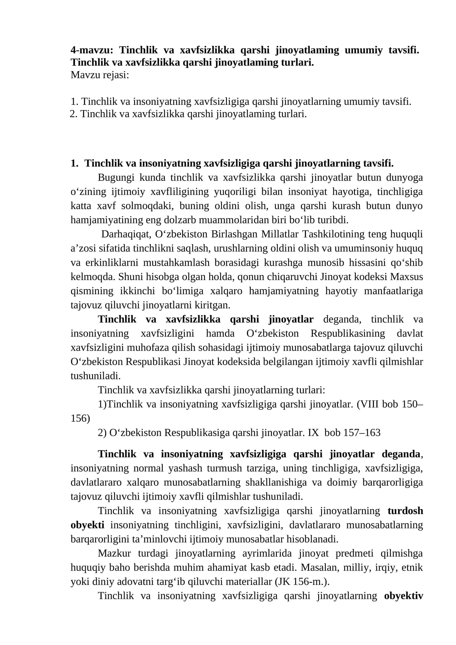 4-mavzu: Tinchlik va xavfsizlikka qarshi jinoyatlaming umumiy tavsifi