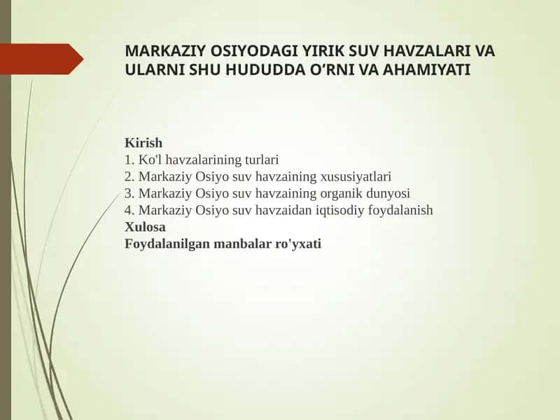 MARKAZIY OSIYODAGI YIRIK SUV HAVZALARI VA ULARNI SHU HUDUDDA O’RNI