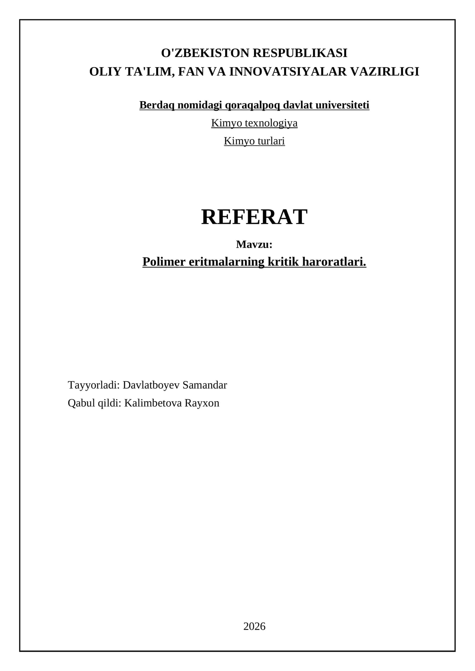 Polimer eritmalarning kritik haroratlari