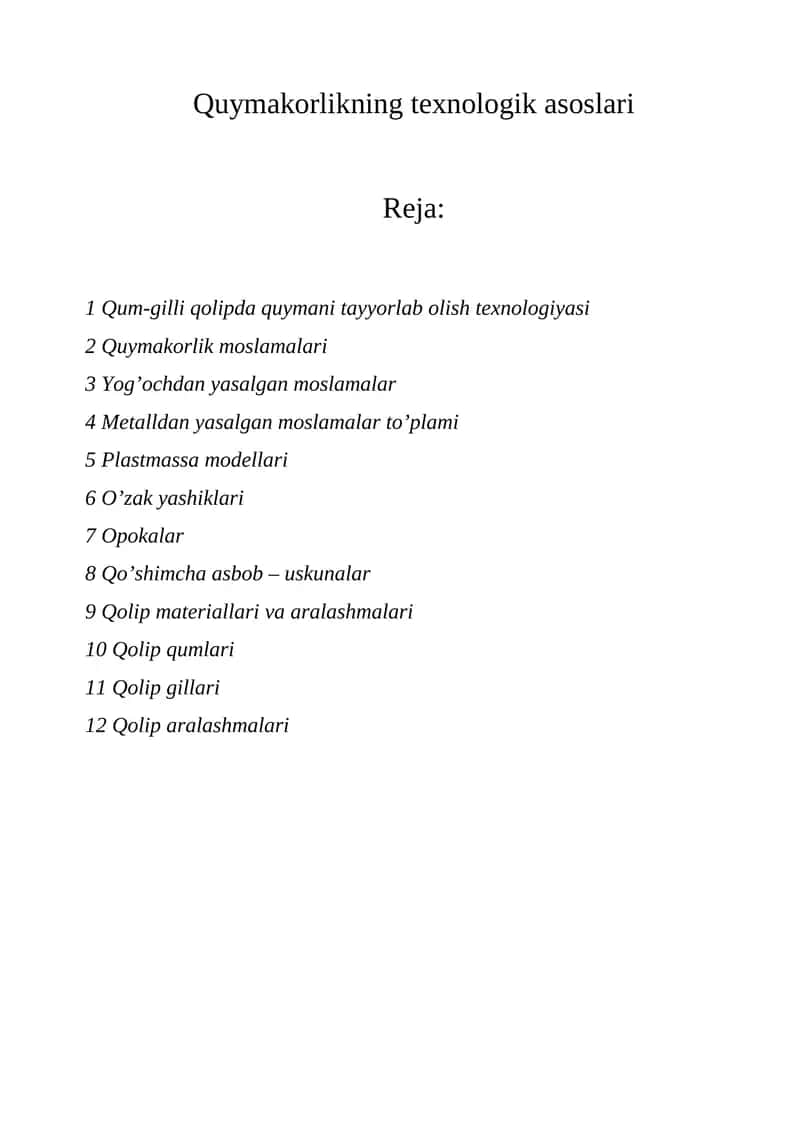 Quymakorlikning texnologik asoslari