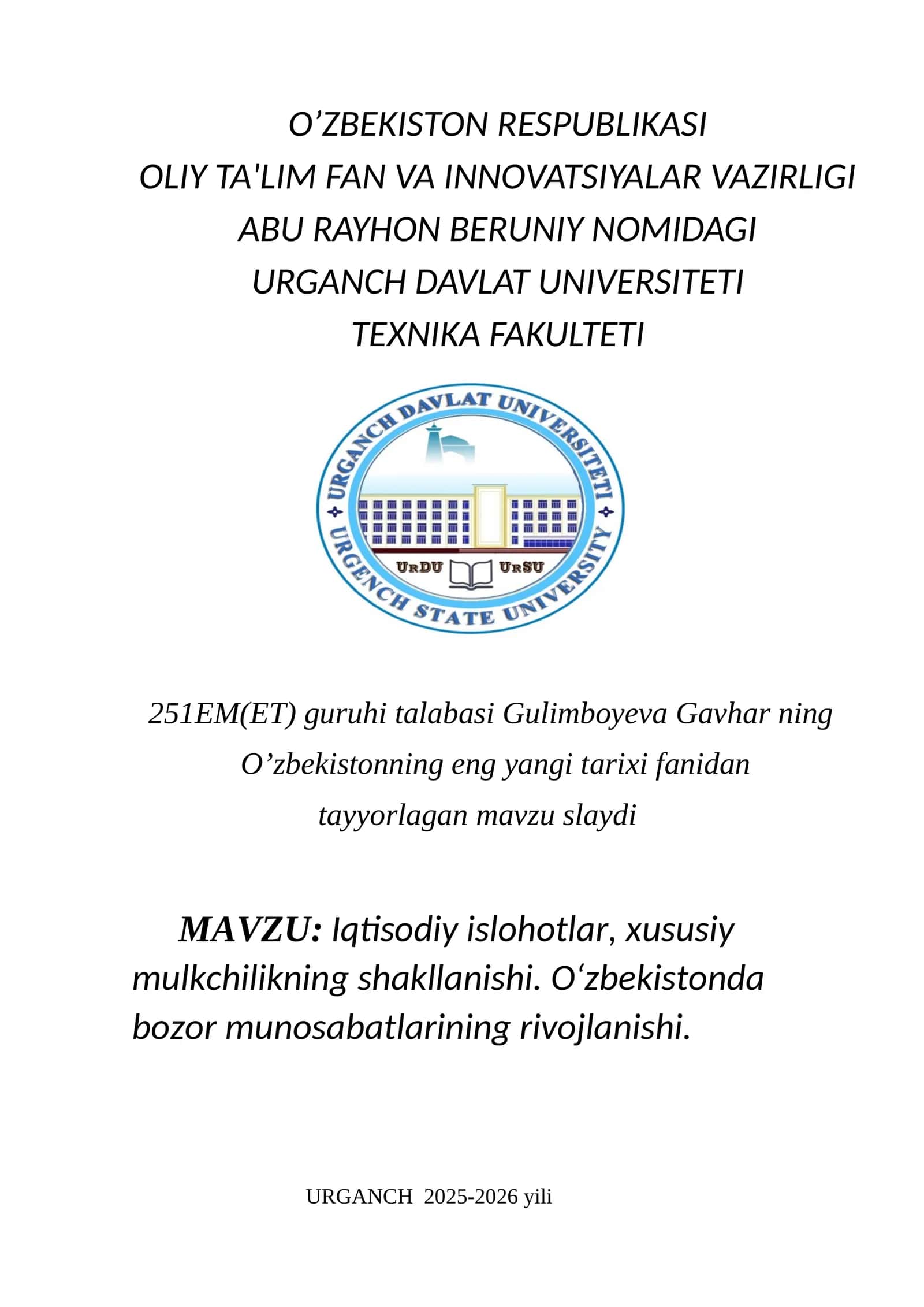 Iqtisodiy islohotlar, xususiy mulkchilikning shakllanishi. O‘zbekistonda bozor munosabatlarining rivojlanishi