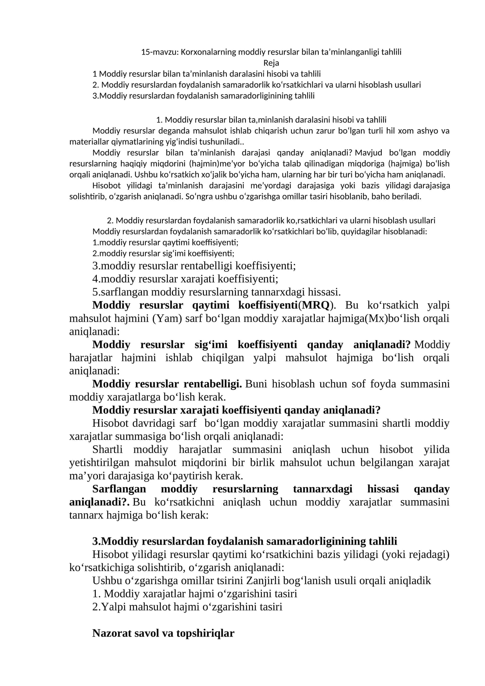 Korxonalarning moddiy resurslar bilan ta’minlanganligi tahlili