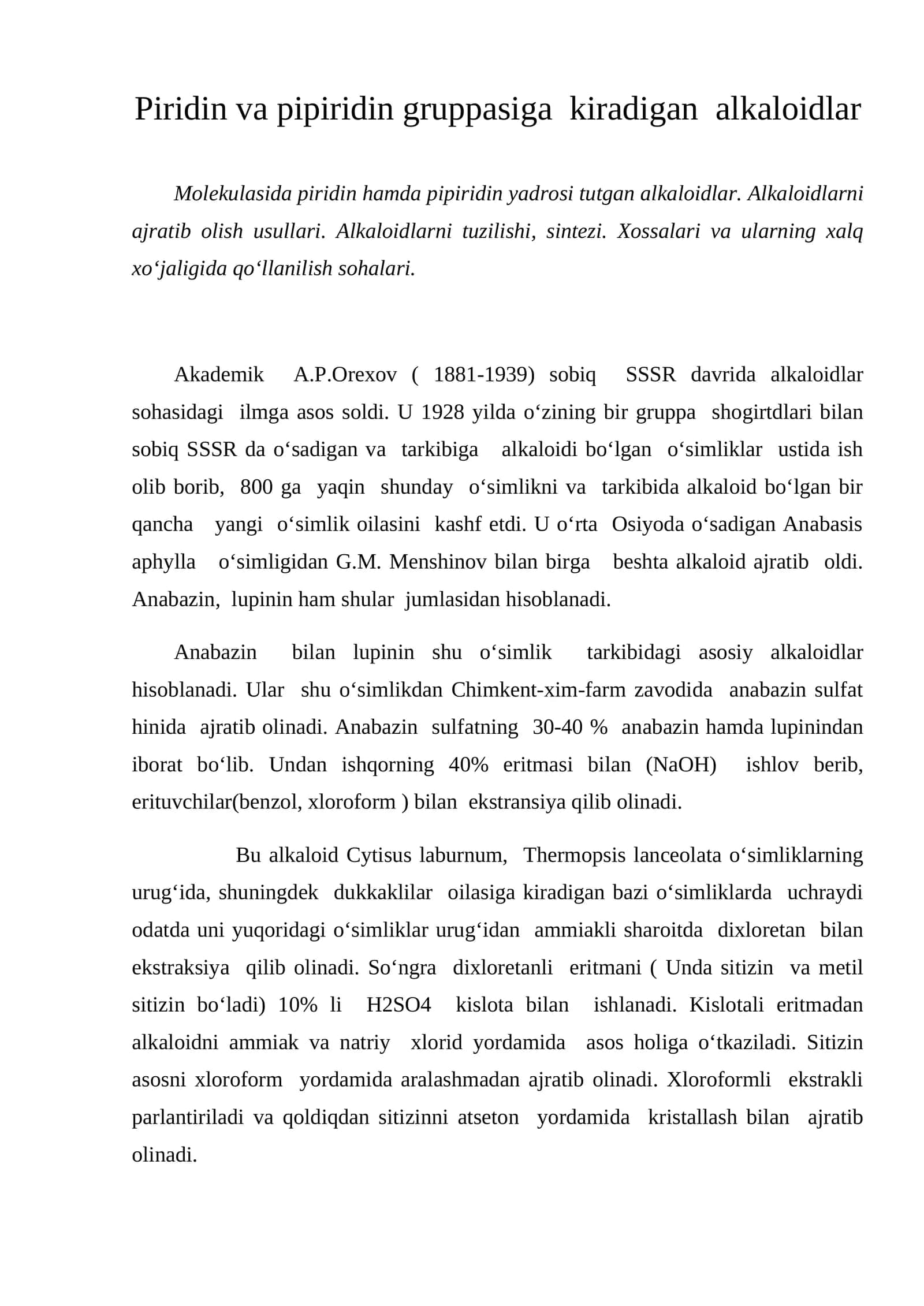 Piridin va pipiridin gruppasiga kiradigan alkaloidlar