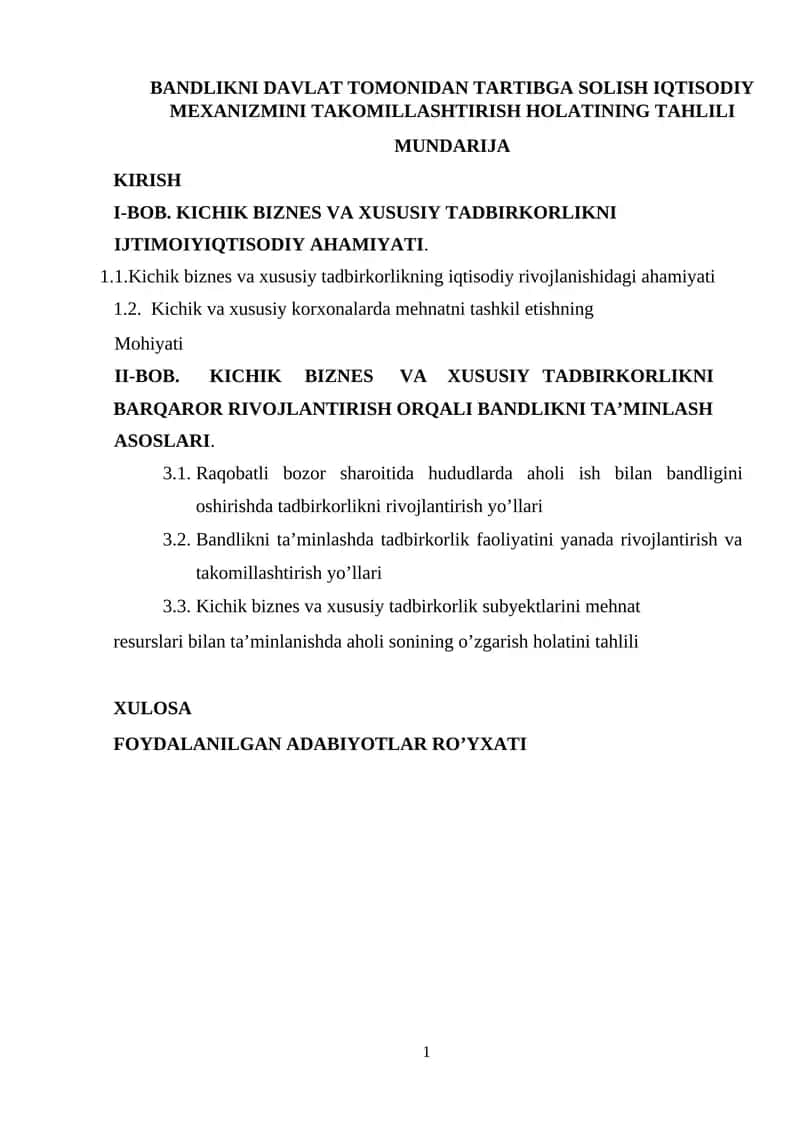 BANDLIKNI DAVLAT TOMONIDAN TARTIBGA SOLISH IQTISODIY MEXANIZMINI TAKOMILLASHTIRISH HOLATINING TAHLILI