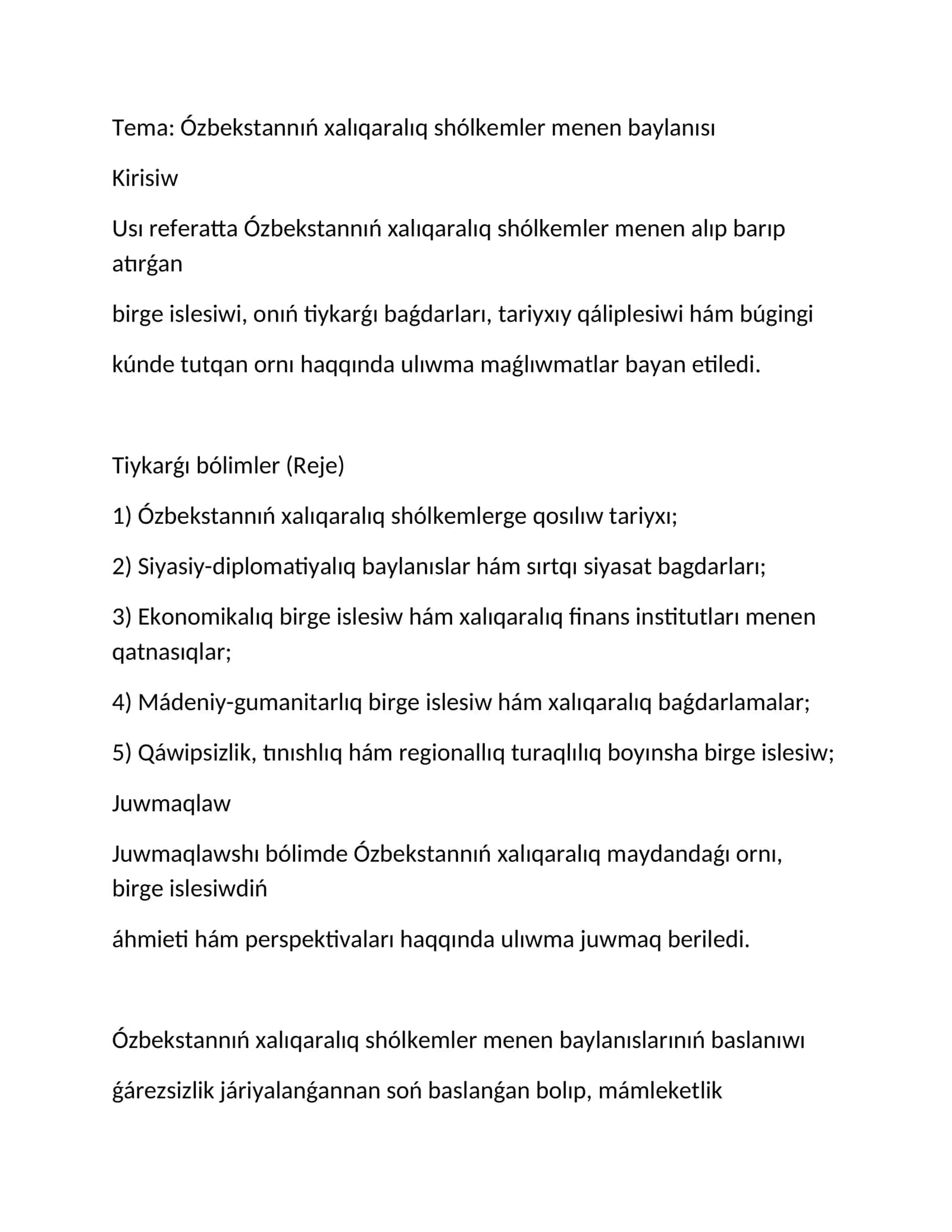 Ozbekstan xalq araliq sholkemler menen baylanisi referat