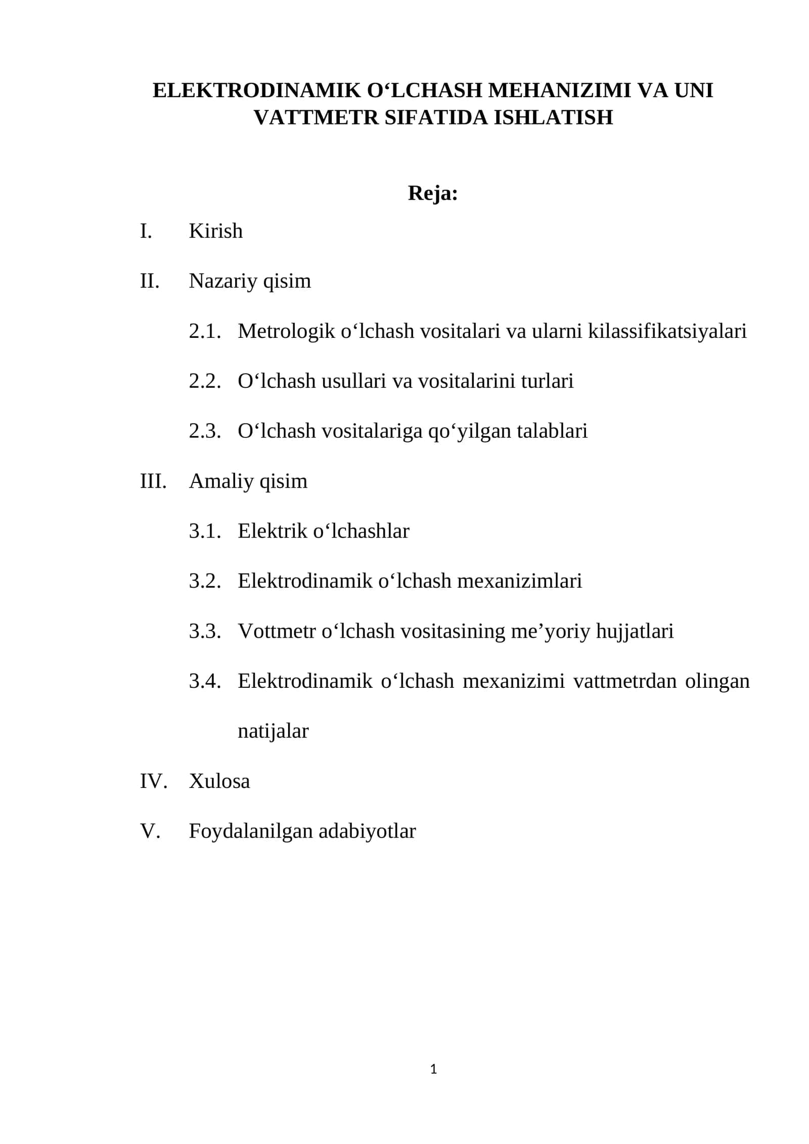 ELEKTRODINAMIK O‘LCHASH MEHANIZIMI VA UNI VATTMETR SIFATIDA ISHLATISH