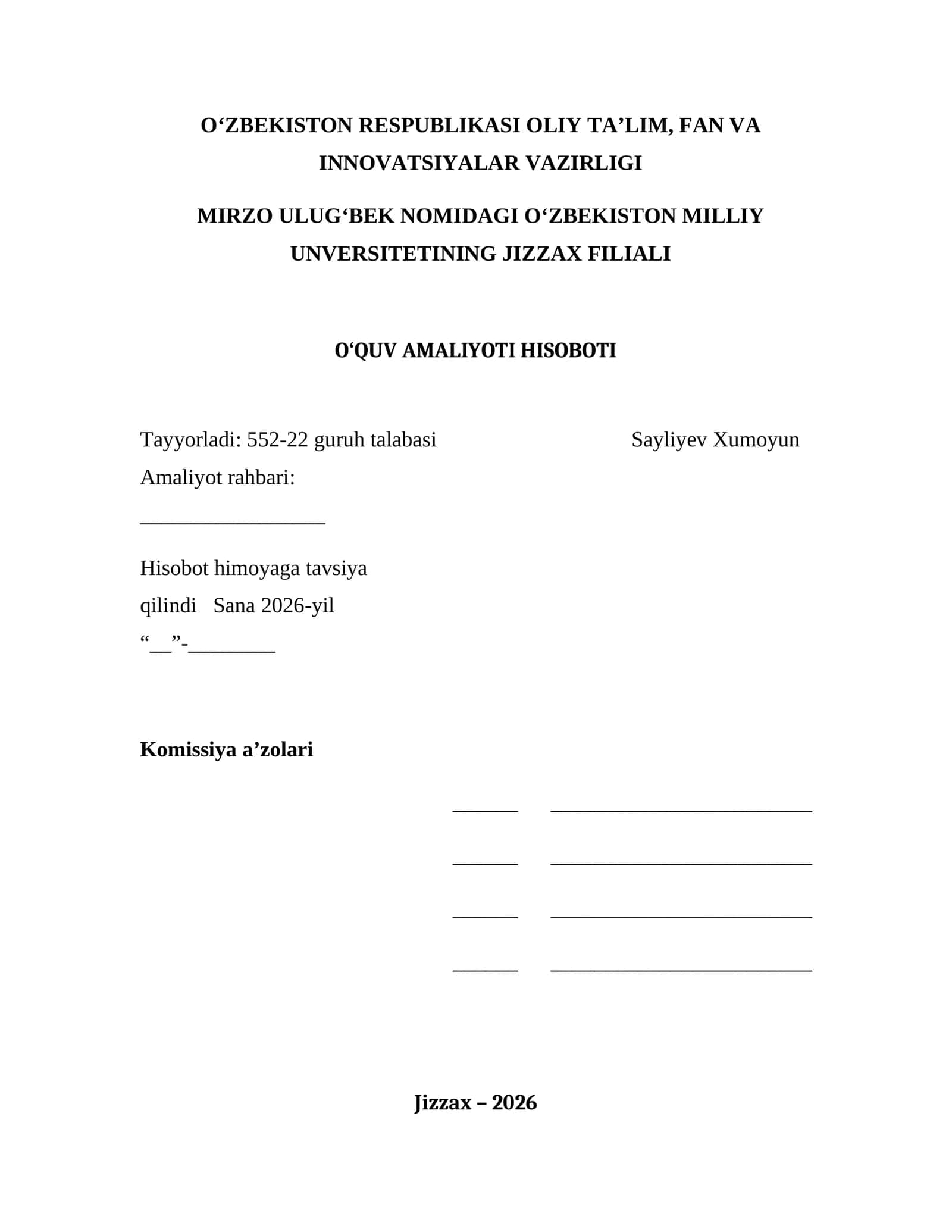 O‘QUV AMALIYOTI HISOBOTI