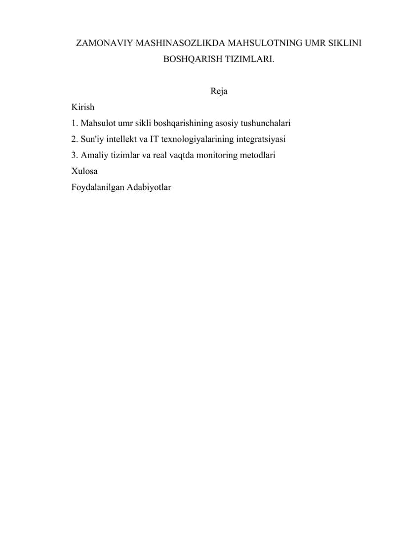 ZAMONAVIY MASHINASOZLIKDA MAHSULOTNING UMR SIKLINI BOSHQARISH TIZIMLARI.