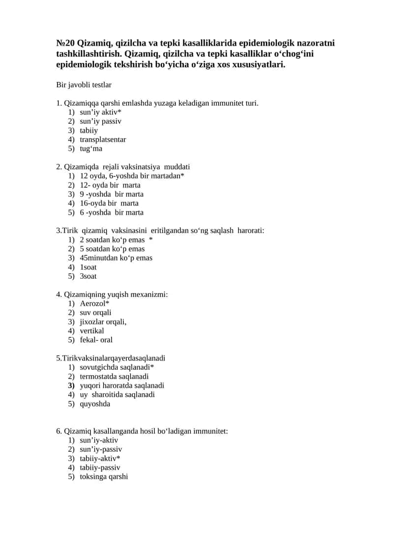 №20 Qizamiq, qizilcha va tepki kasalliklarida epidemiologik nazoratni tashkillashtirish
