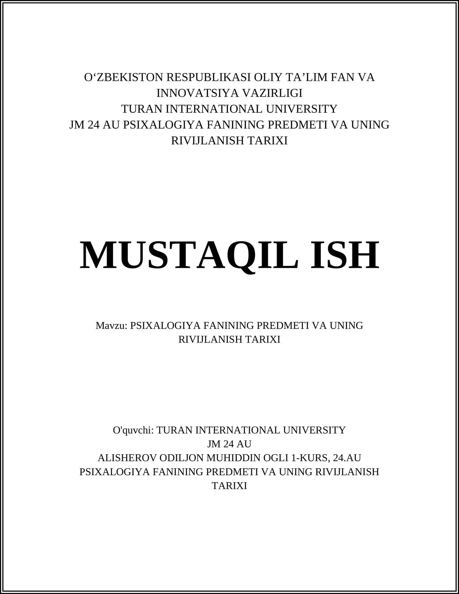 JM 24 AU PSIXALOGIYA FANINING PREDMETI VA UNING RIVIJLANISH TARIXI