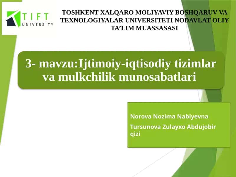TOSHKENT XALQARO MOLIYAVIY BOSHQARUV VA TEXNOLOGIYALAR UNIVERSITETI NODAVLAT OLIY TA’LIM MUASSASASI